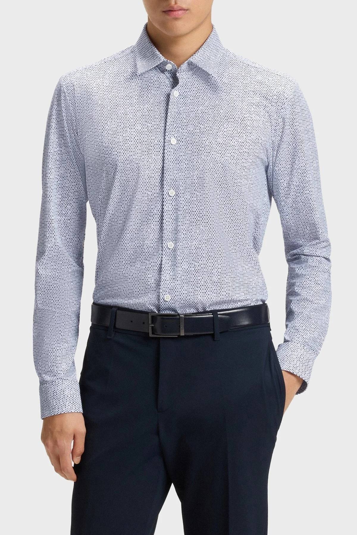 Boss Desenli Slim Fit Streç Uzun Kollu Erkek Gömlek 50545269 410 BEYAZ-LACİVERT - 1