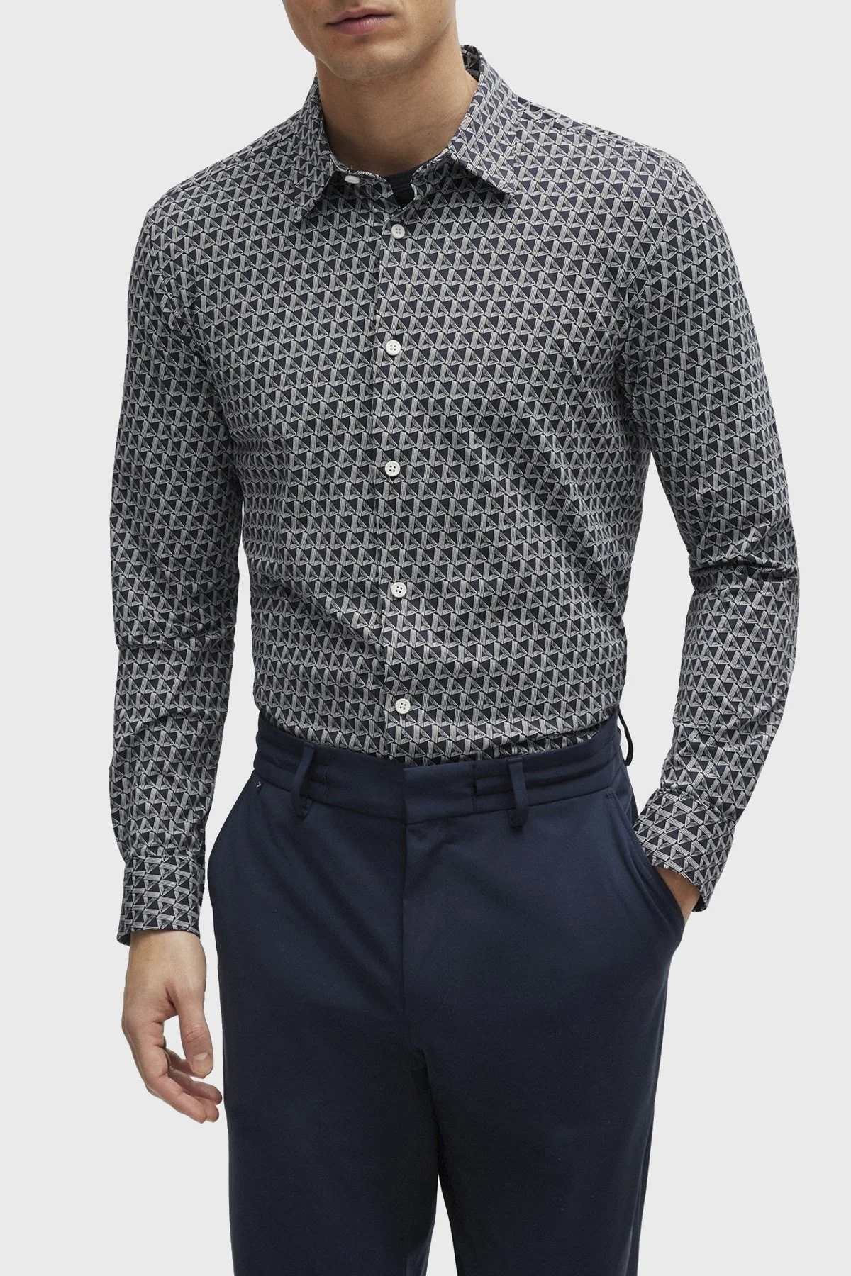 Boss Desenli Uzun Kollu Slim Fit Erkek Gömlek 50513613 404 LACİVERT - 1