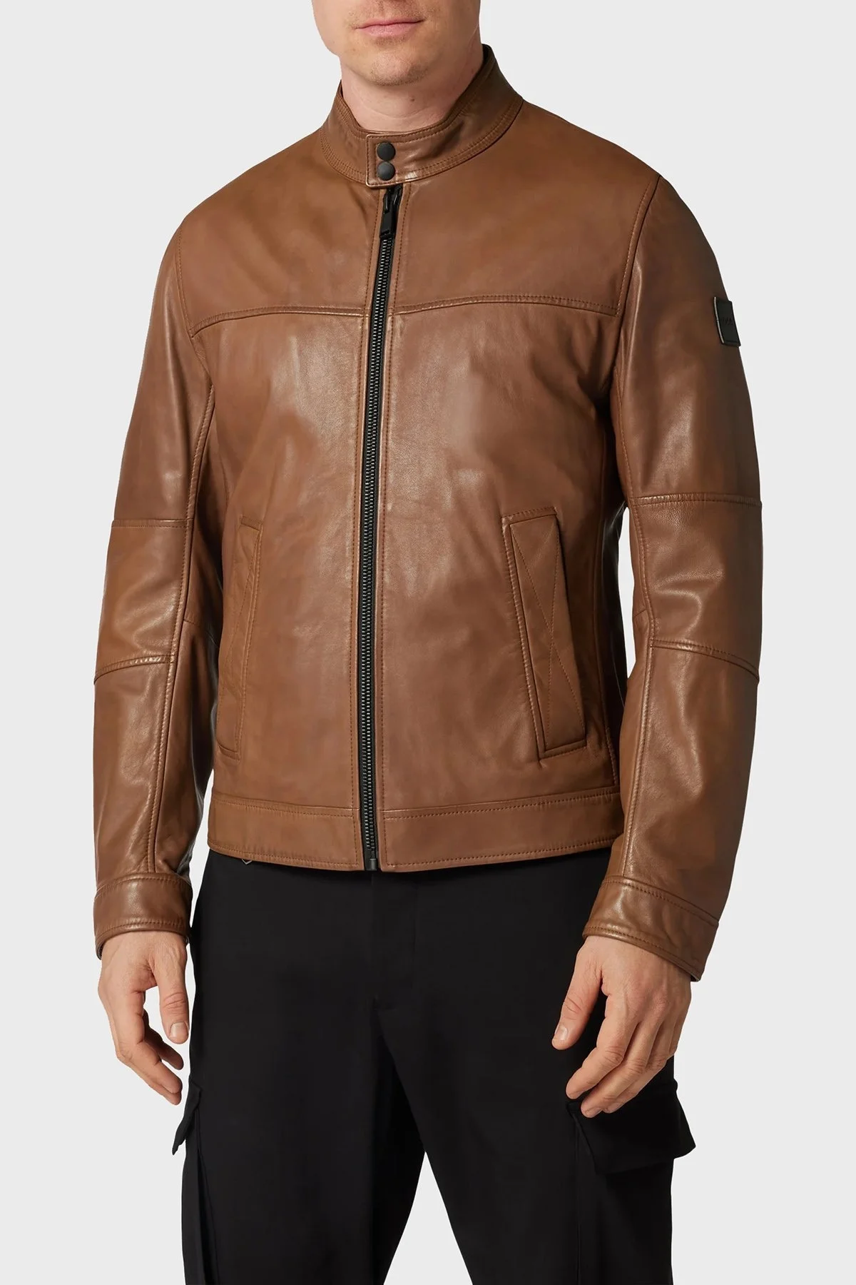 Boss Dik Yaka Fermuarlı Cepli Regular Fit Erkek Deri Ceket 50482227 217 KAHVE - 1