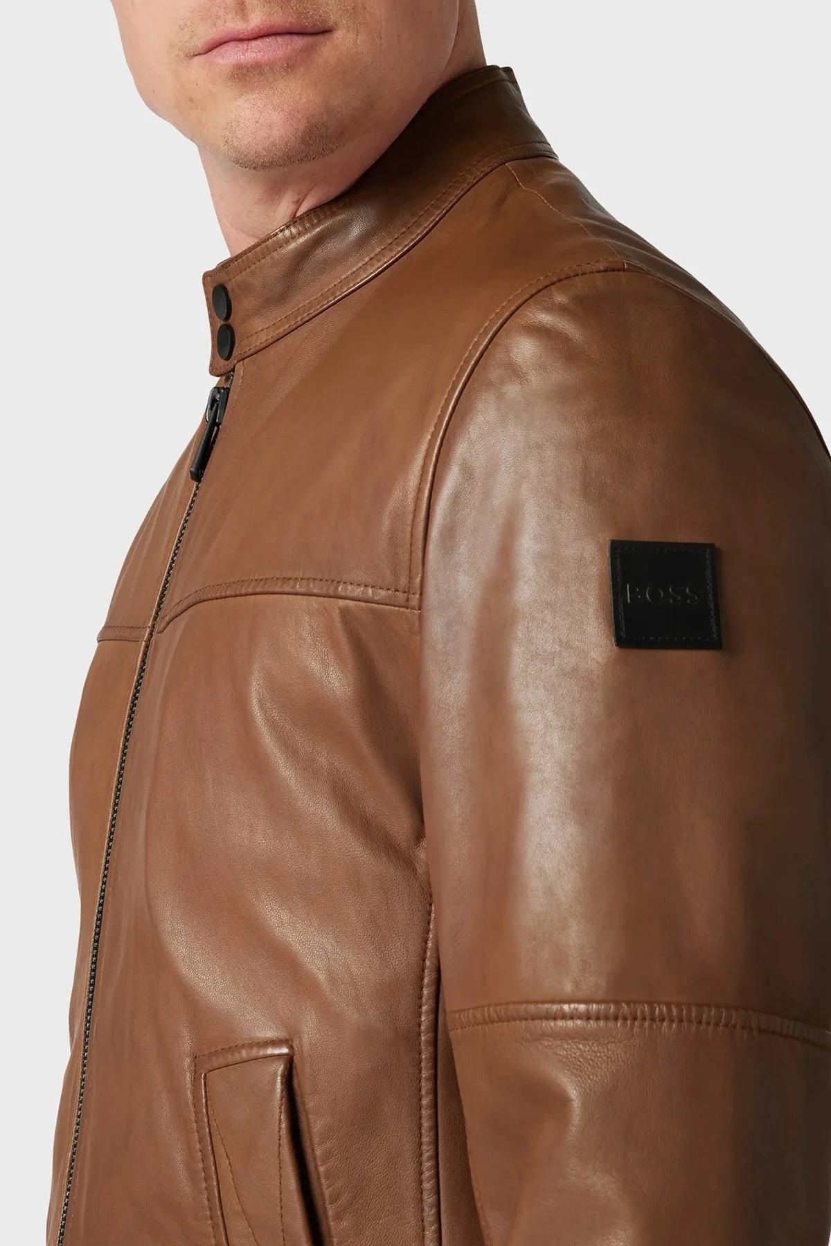 Boss Dik Yaka Fermuarlı Cepli Regular Fit Erkek Deri Ceket 50482227 217 KAHVE - 2