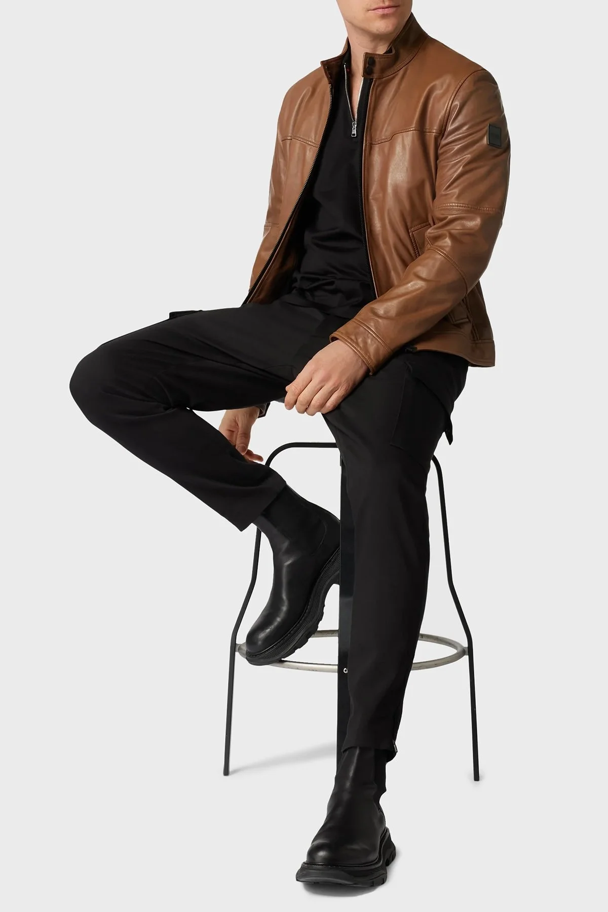 Boss Dik Yaka Fermuarlı Cepli Regular Fit Erkek Deri Ceket 50482227 217 KAHVE - 4