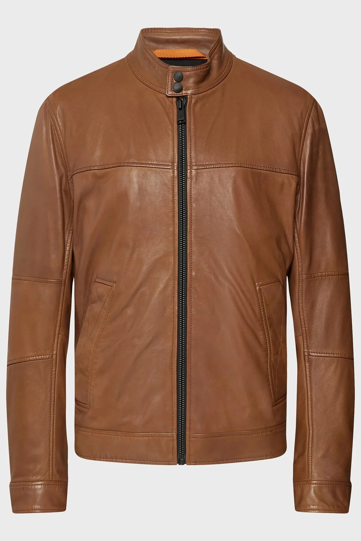 Boss Dik Yaka Fermuarlı Cepli Regular Fit Erkek Deri Ceket 50482227 217 KAHVE - 5