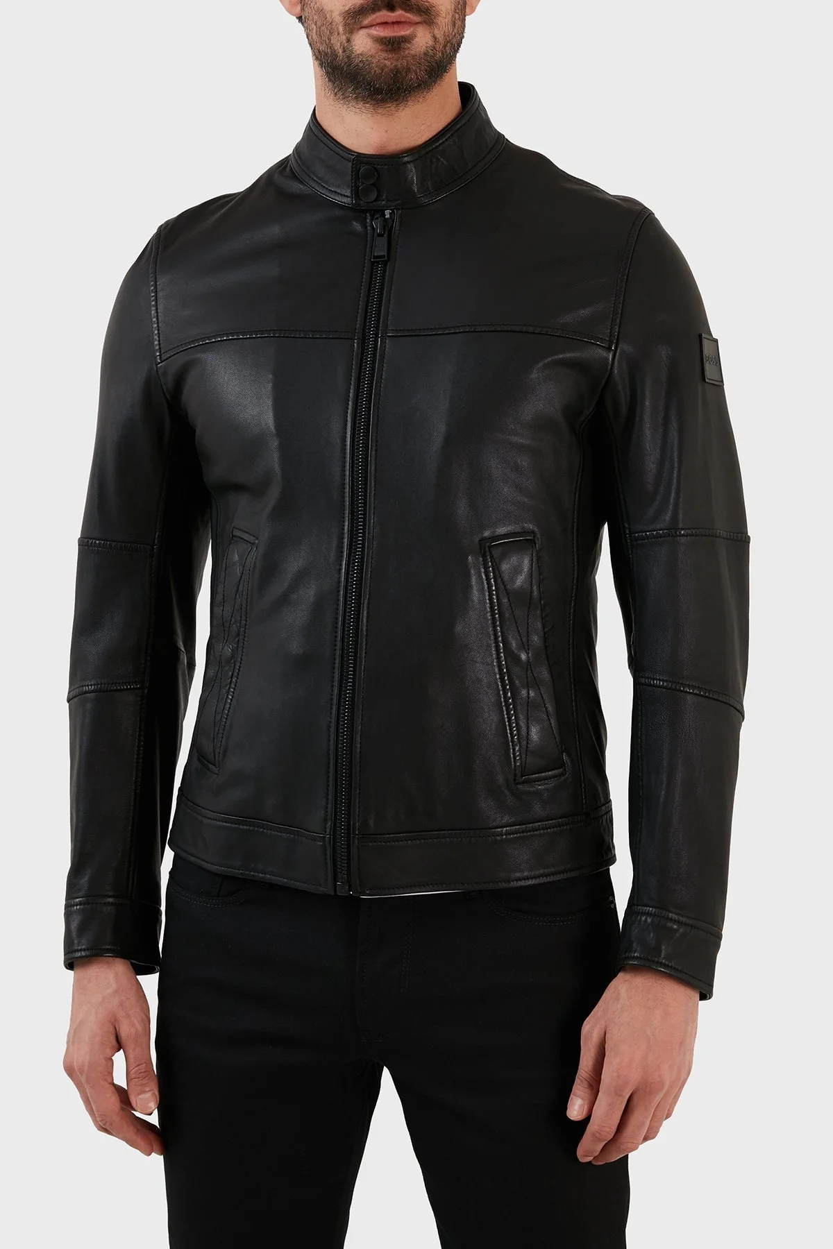 Boss Dik Yaka Fermuarlı Cepli Regular Fit Hakiki Deri Erkek Ceket 50482227 001 SİYAH - 1