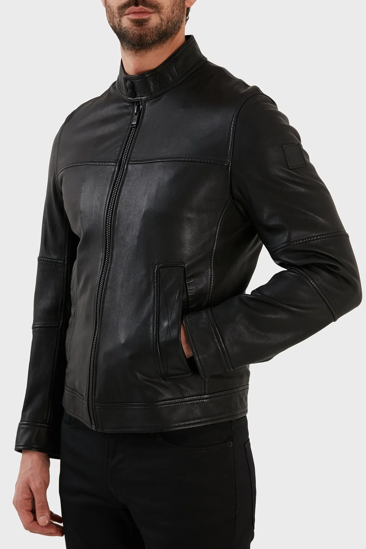 Boss Dik Yaka Fermuarlı Cepli Regular Fit Hakiki Deri Erkek Ceket 50482227 001 SİYAH - 3
