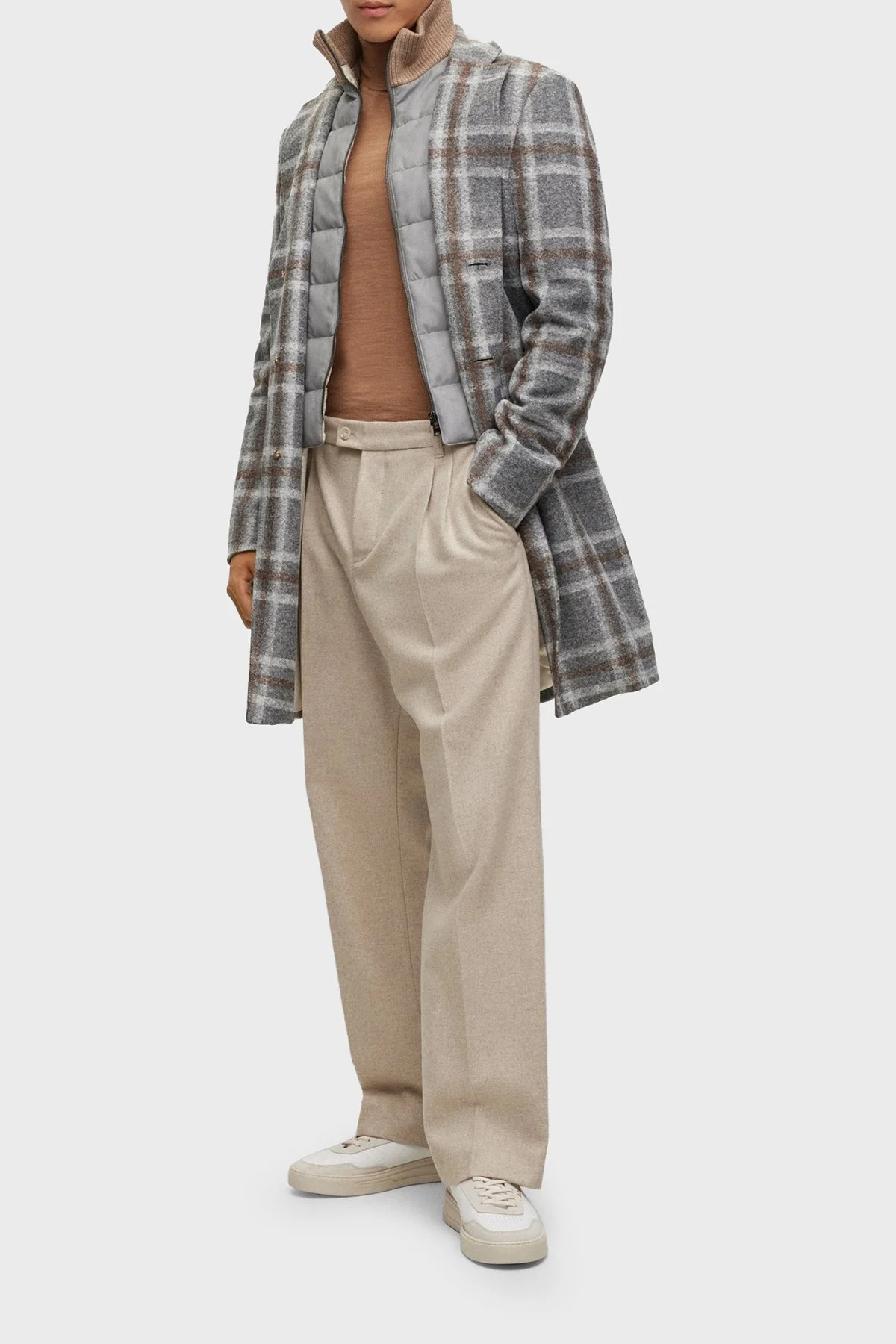 Boss Ekoseli Fermuarlı İç Yelekli Yün Karışımlı Slim Fit Erkek Kaban 50502260 030 GRİ - 3