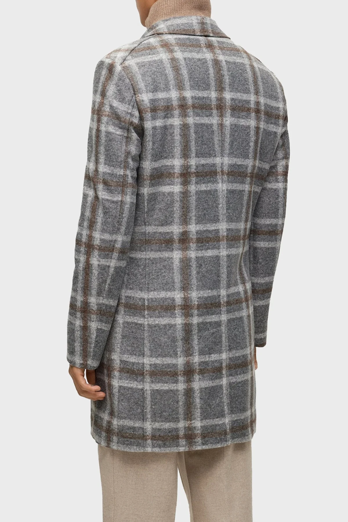 Boss Ekoseli Fermuarlı İç Yelekli Yün Karışımlı Slim Fit Erkek Kaban 50502260 030 GRİ - 4