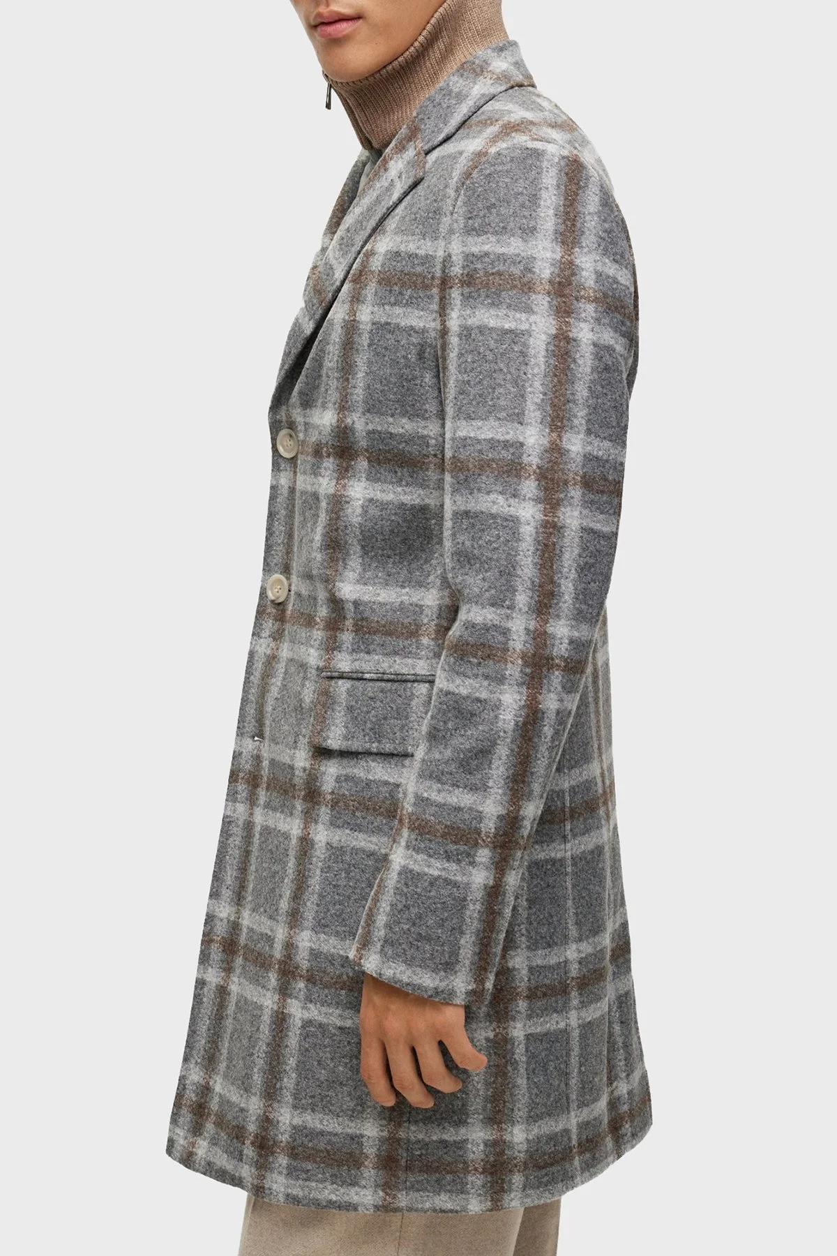 Boss Ekoseli Fermuarlı İç Yelekli Yün Karışımlı Slim Fit Erkek Kaban 50502260 030 GRİ - 5