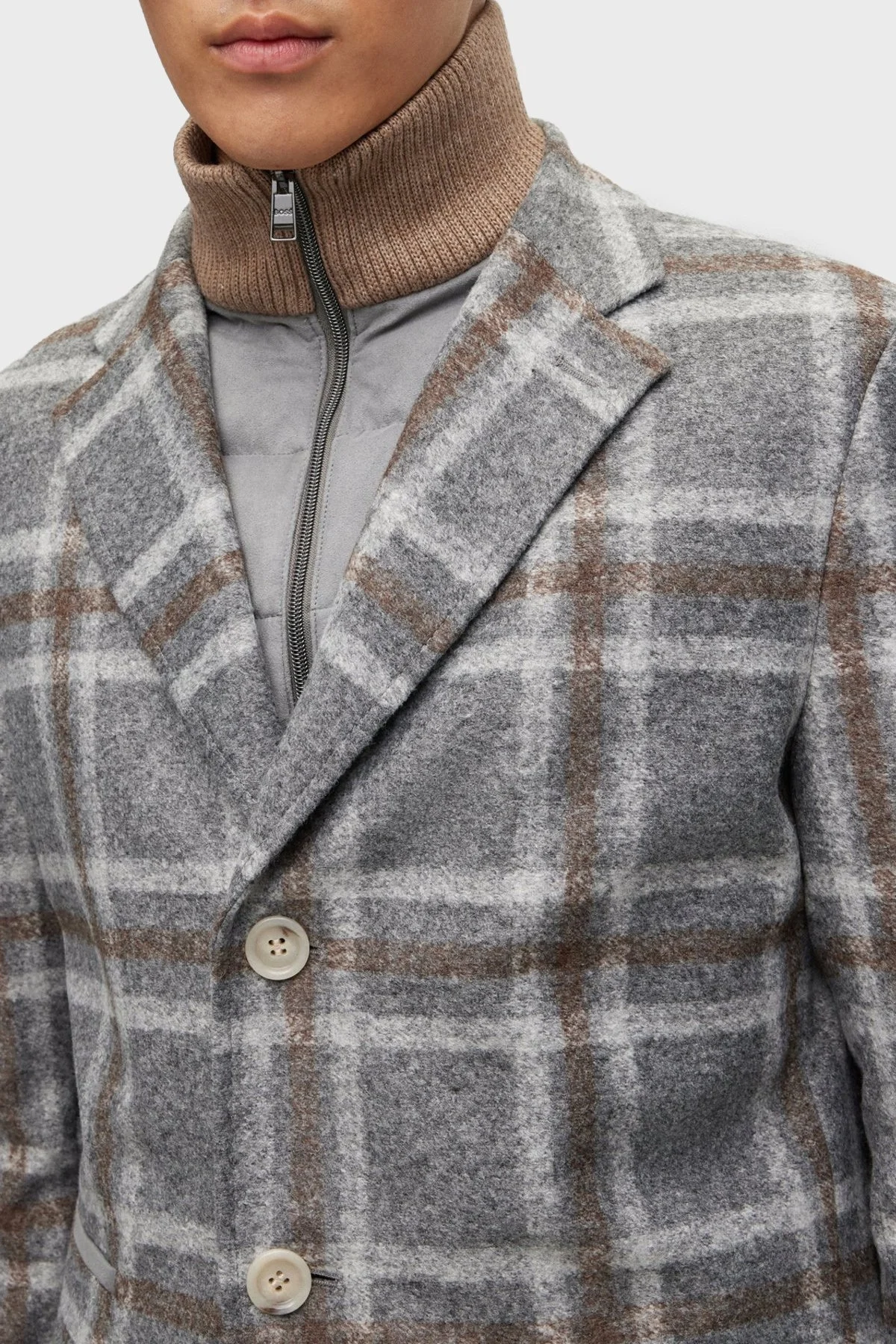 Boss Ekoseli Fermuarlı İç Yelekli Yün Karışımlı Slim Fit Erkek Kaban 50502260 030 GRİ - 6