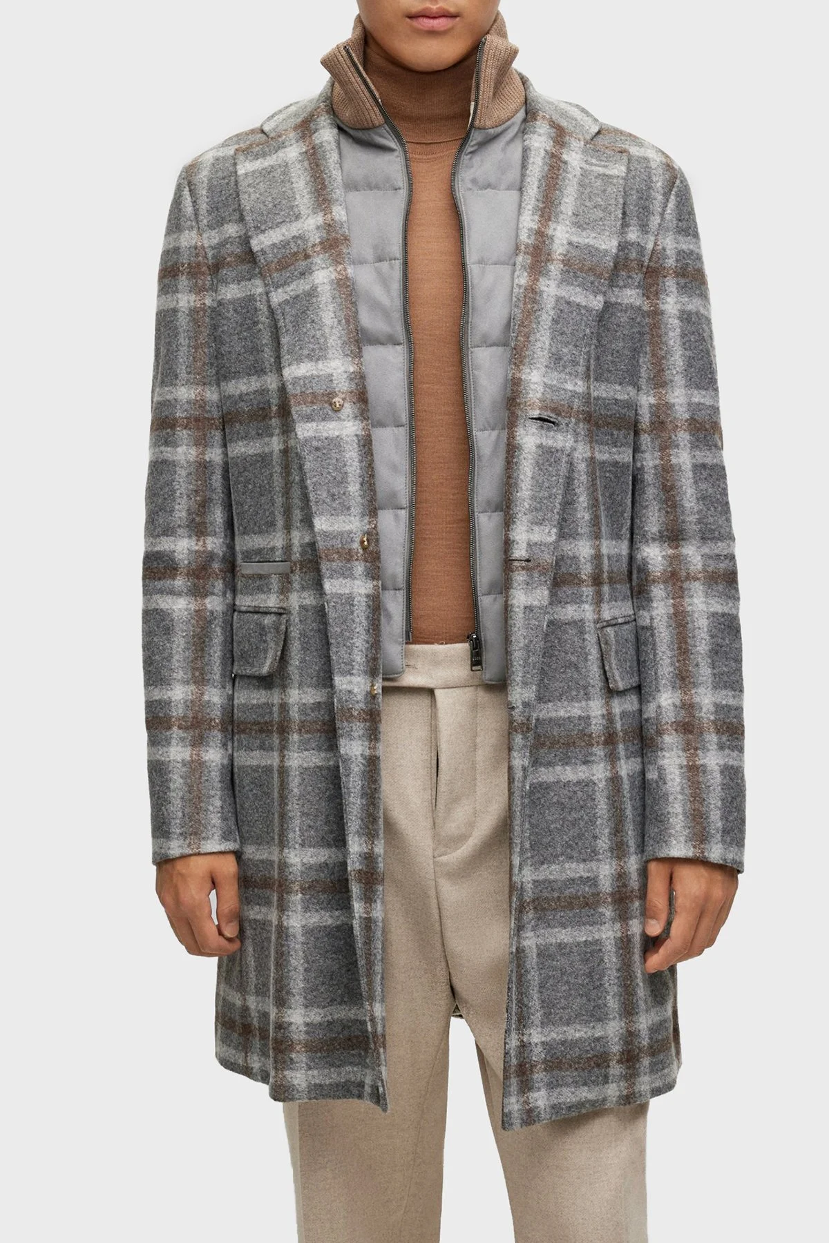 Boss Ekoseli Fermuarlı İç Yelekli Yün Karışımlı Slim Fit Erkek Kaban 50502260 030 GRİ - 2