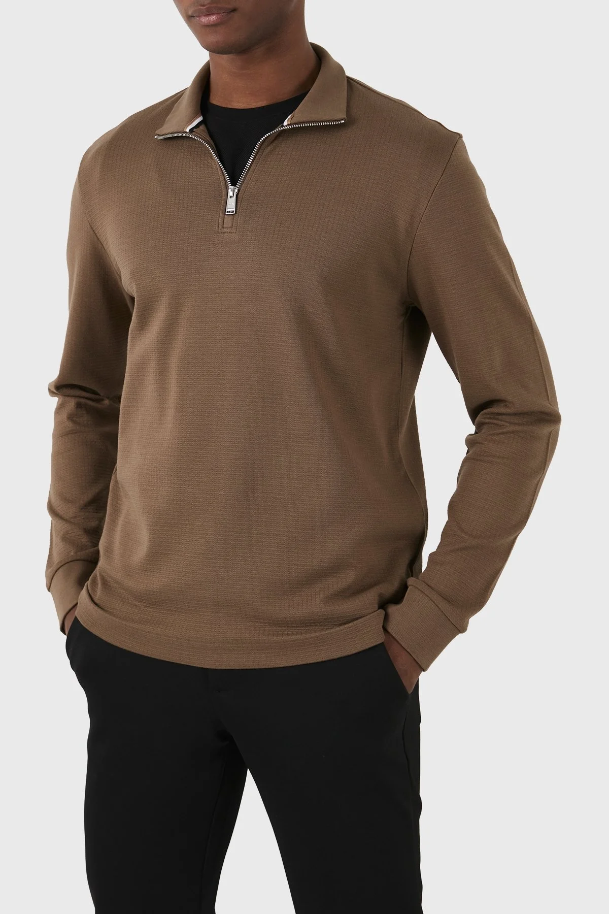 Boss Fermuarlı Yaka Pamuklu Slim Fit Erkek Sweat 50507989 249 KAHVE - 1
