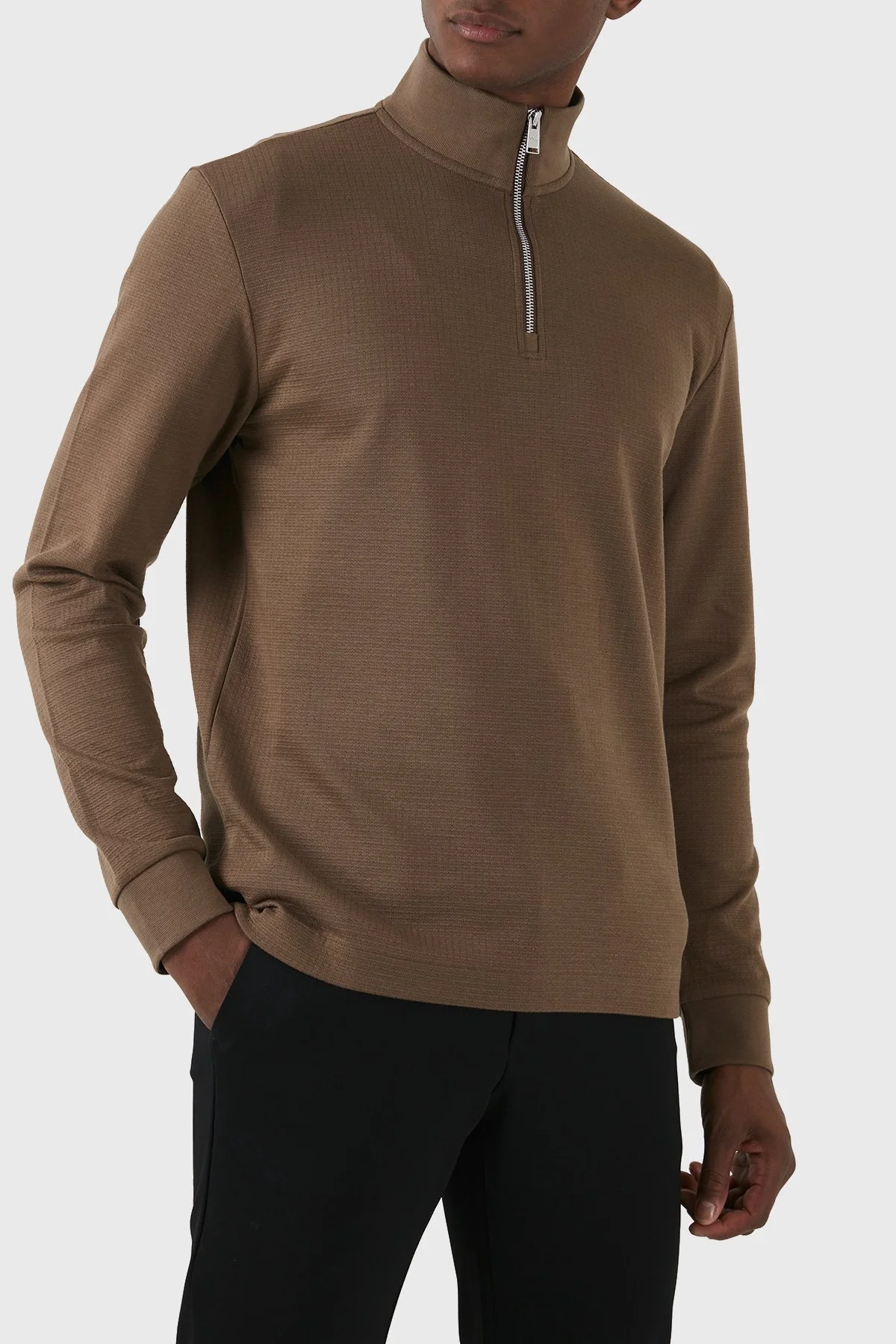 Boss Fermuarlı Yaka Pamuklu Slim Fit Erkek Sweat 50507989 249 KAHVE - 3