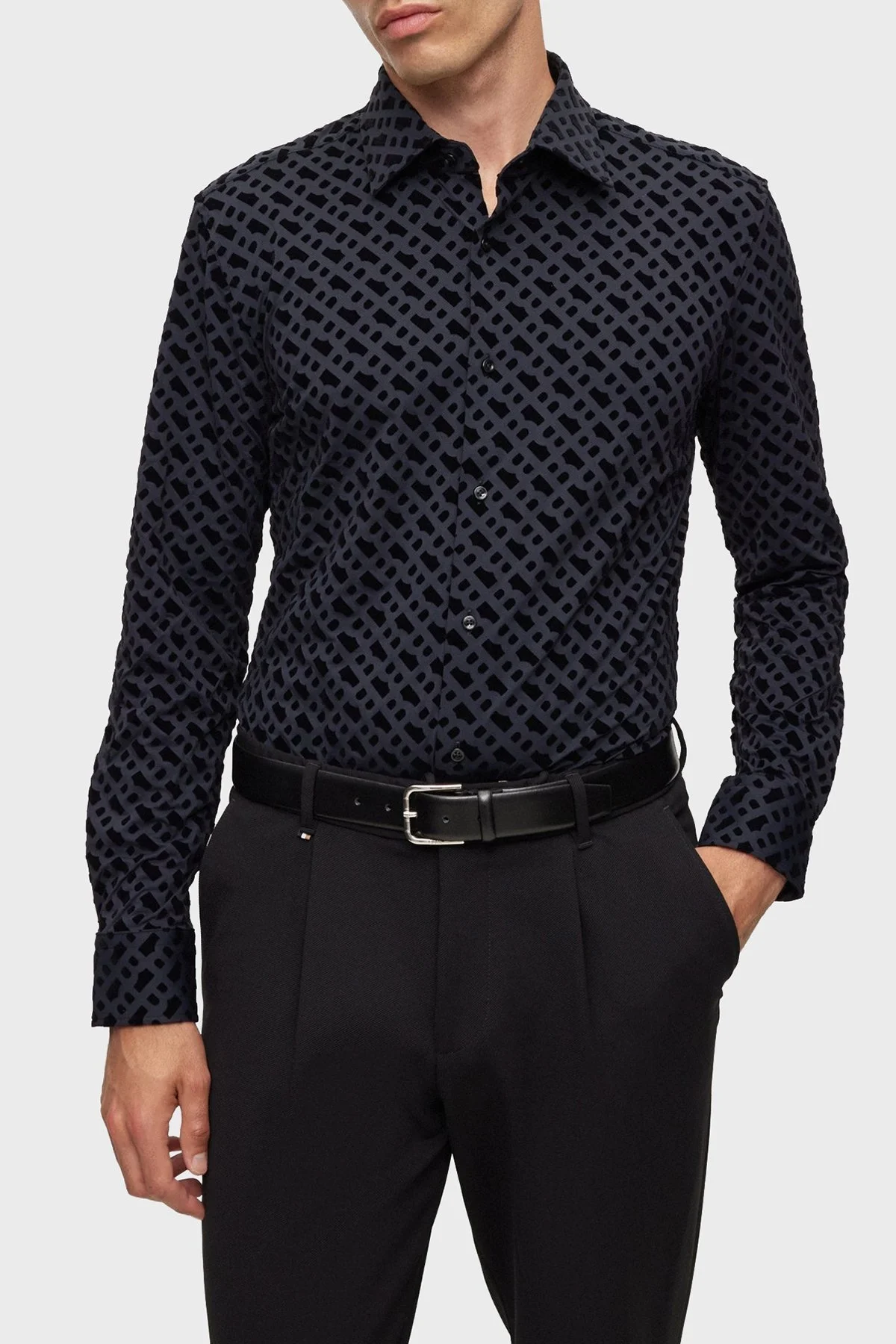Boss Flok Baskılı Monogramlı Slim Fit Erkek Gömlek 50502906 001 SİYAH - 1