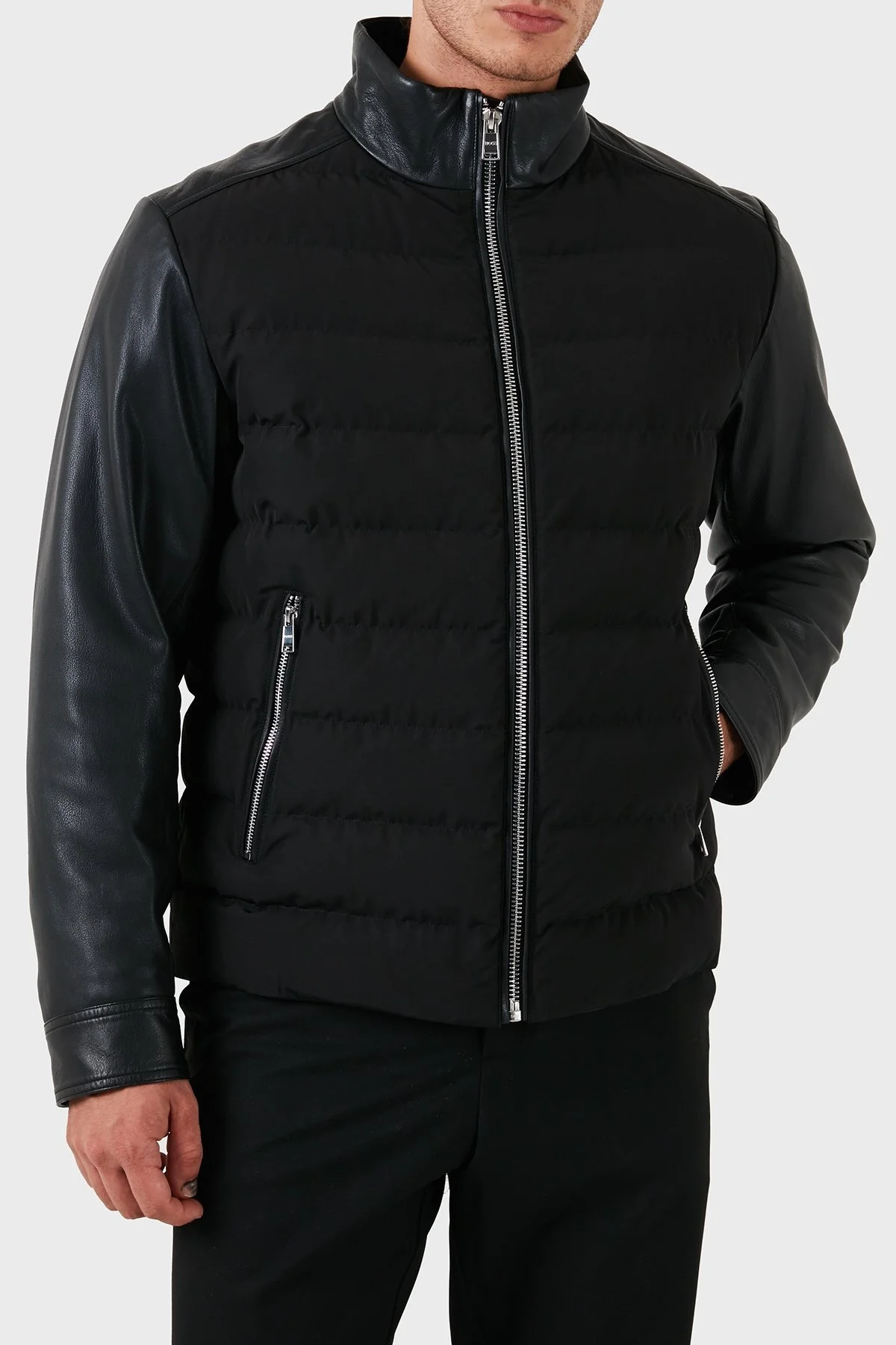 Boss Hakiki Deri Kapitoneli Fermuarlı Erkek Ceket 50518724 001 SİYAH - 1