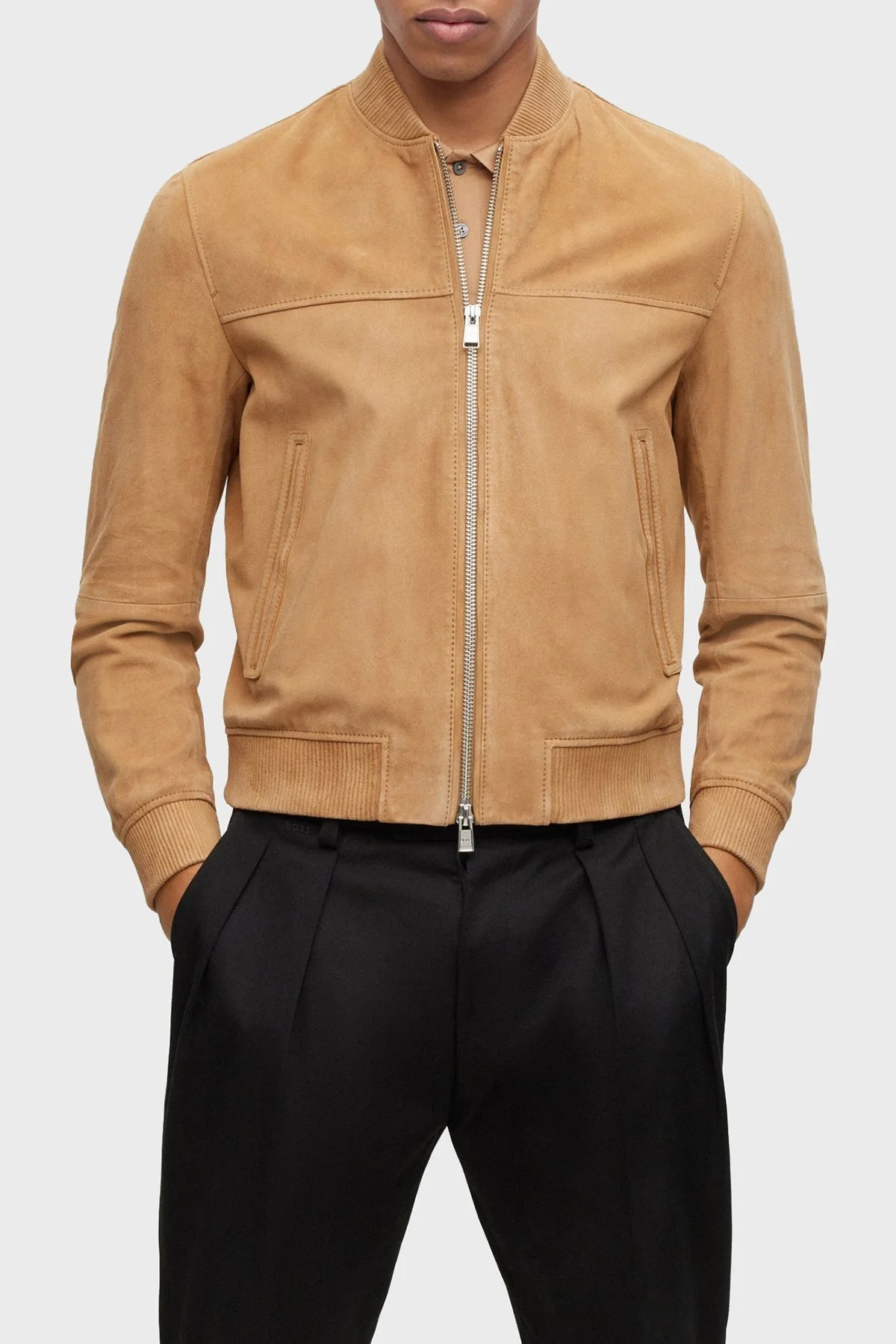 Boss Hakiki Deri Süet Regular Fit Bomber Erkek Ceket 50494621 260 BEJ - 1