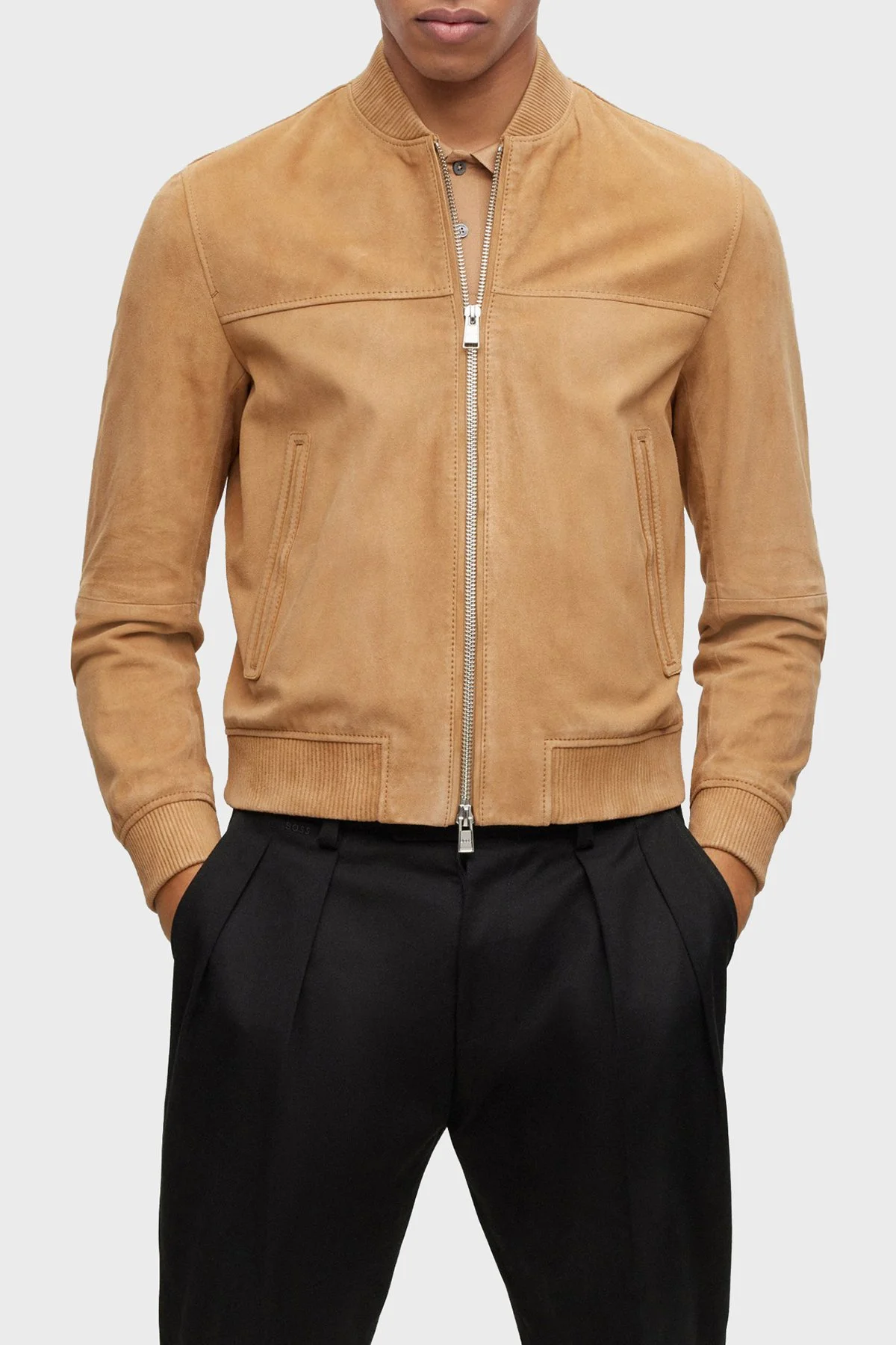 Boss Hakiki Deri Süet Regular Fit Bomber Erkek Ceket 50494621 260 BEJ - 1