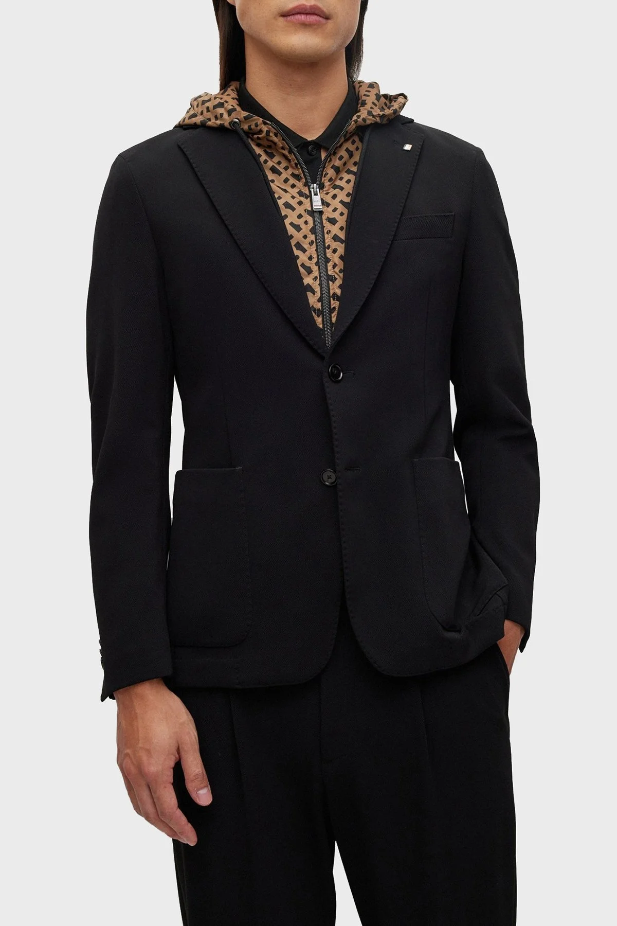 Boss İçi Monogram Desenli Slim Fit Kapüşonlu Erkek Ceket 50489497 001 SİYAH - 1