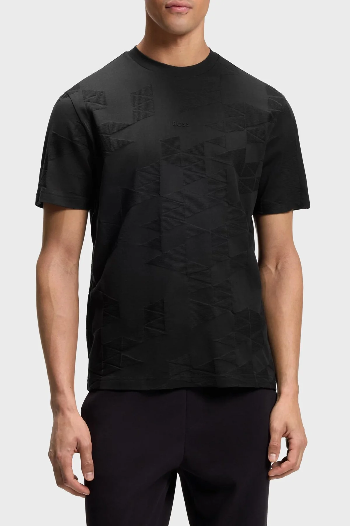 Boss Jakarlı % 100 Pamuk Bisiklet Yaka Erkek T Shirt 50563981 001 Siyah - 1
