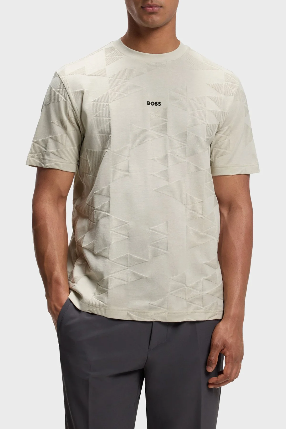 Boss Jakarlı % 100 Pamuk Bisiklet Yaka Erkek T Shirt 50563981 272 Bej - 1