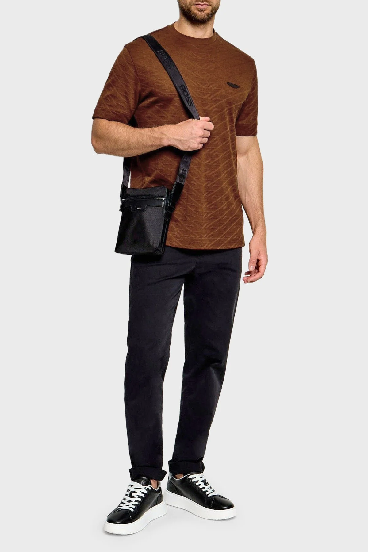 Boss Jakarlı Logolu Regular Fit Bisiklet Yaka Erkek T Shirt 50565175 214 Kahve - 2