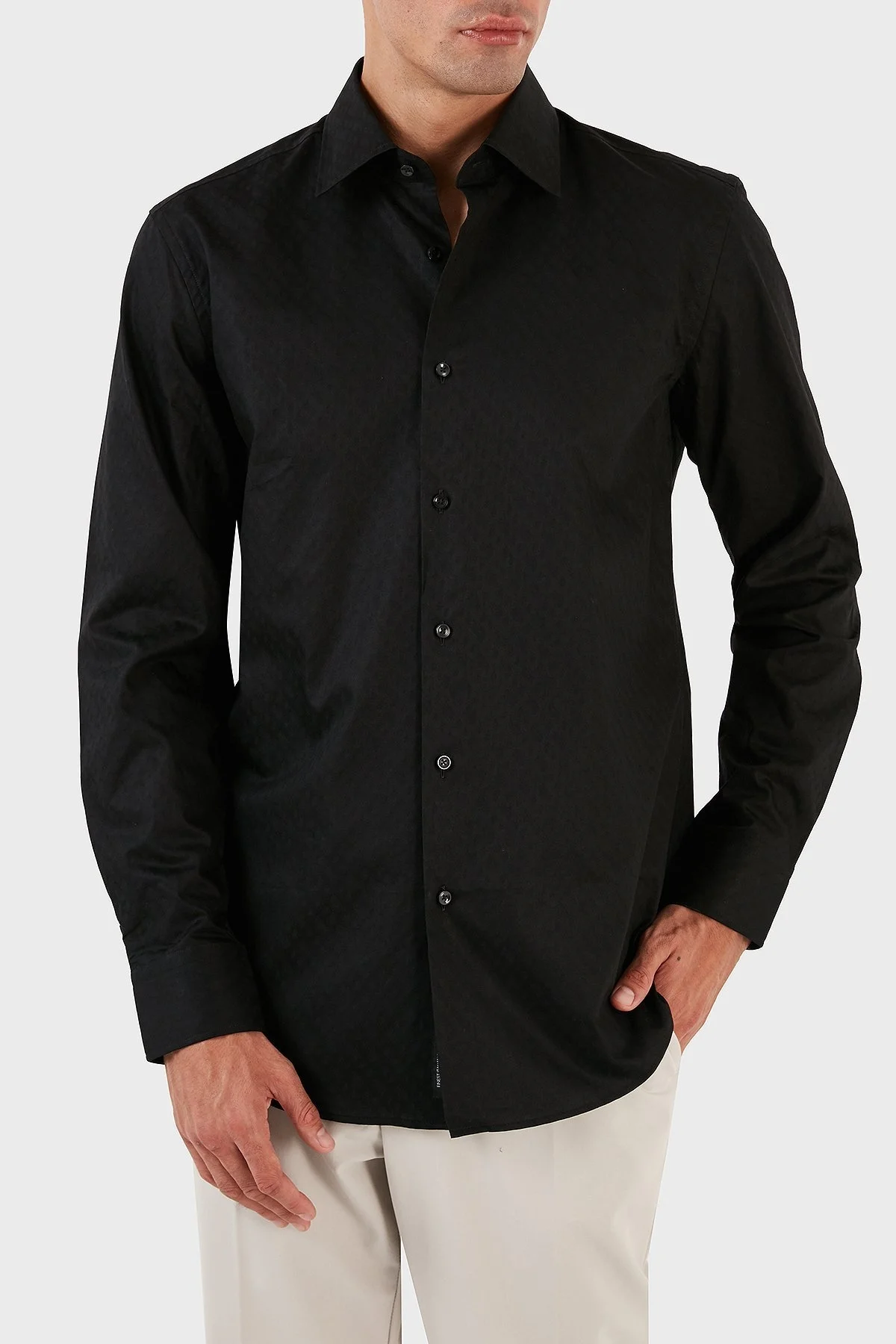 Boss Jakarlı Monogram Logolu Uzun Kollu Slim Fit Erkek Gömlek 50473310 001 SİYAH - 5