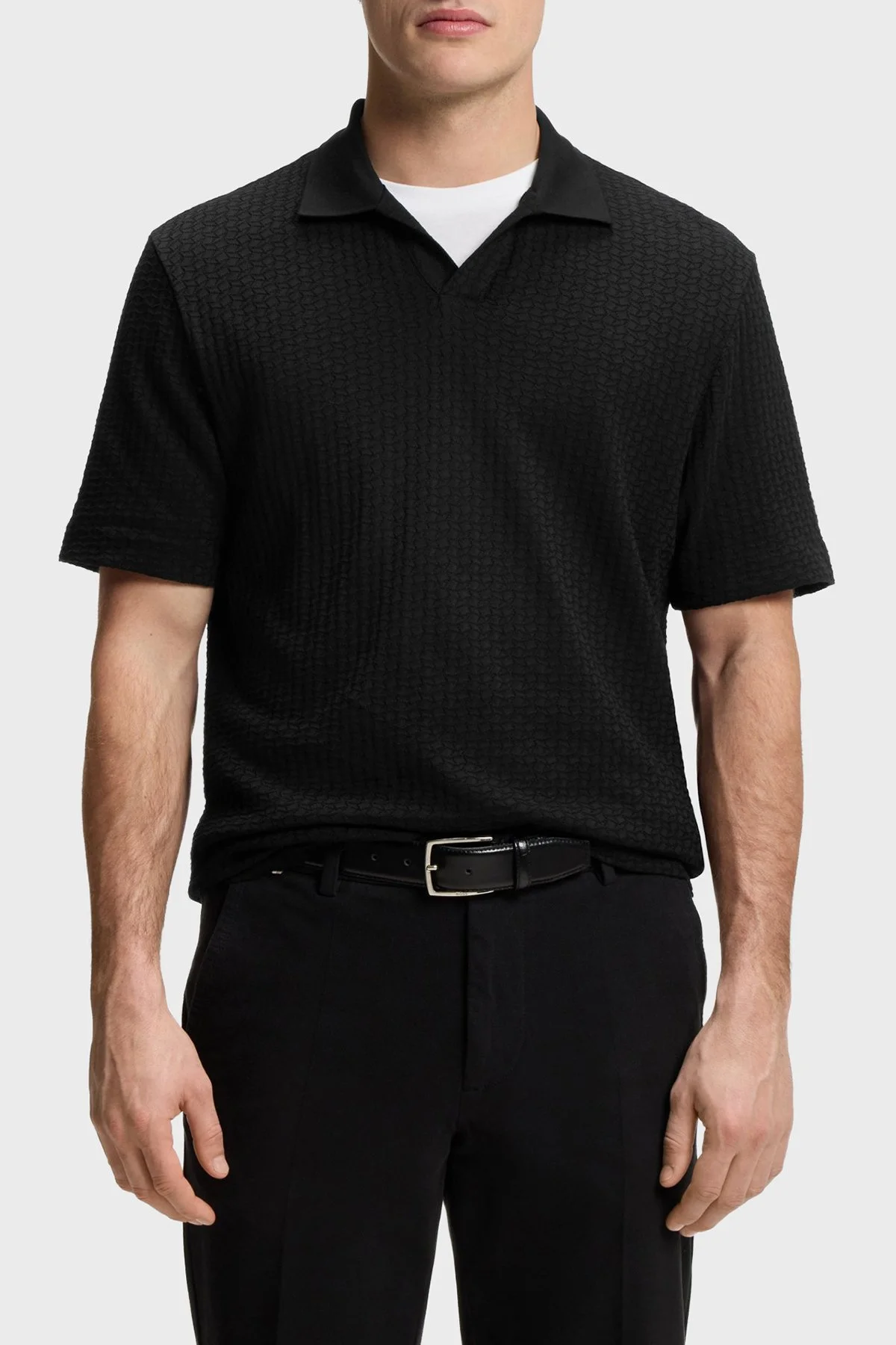 Boss Jakarlı Pamuklu Regular Fit Kısa Kollu V Yaka Erkek Polo 50561203 001 SİYAH - 1