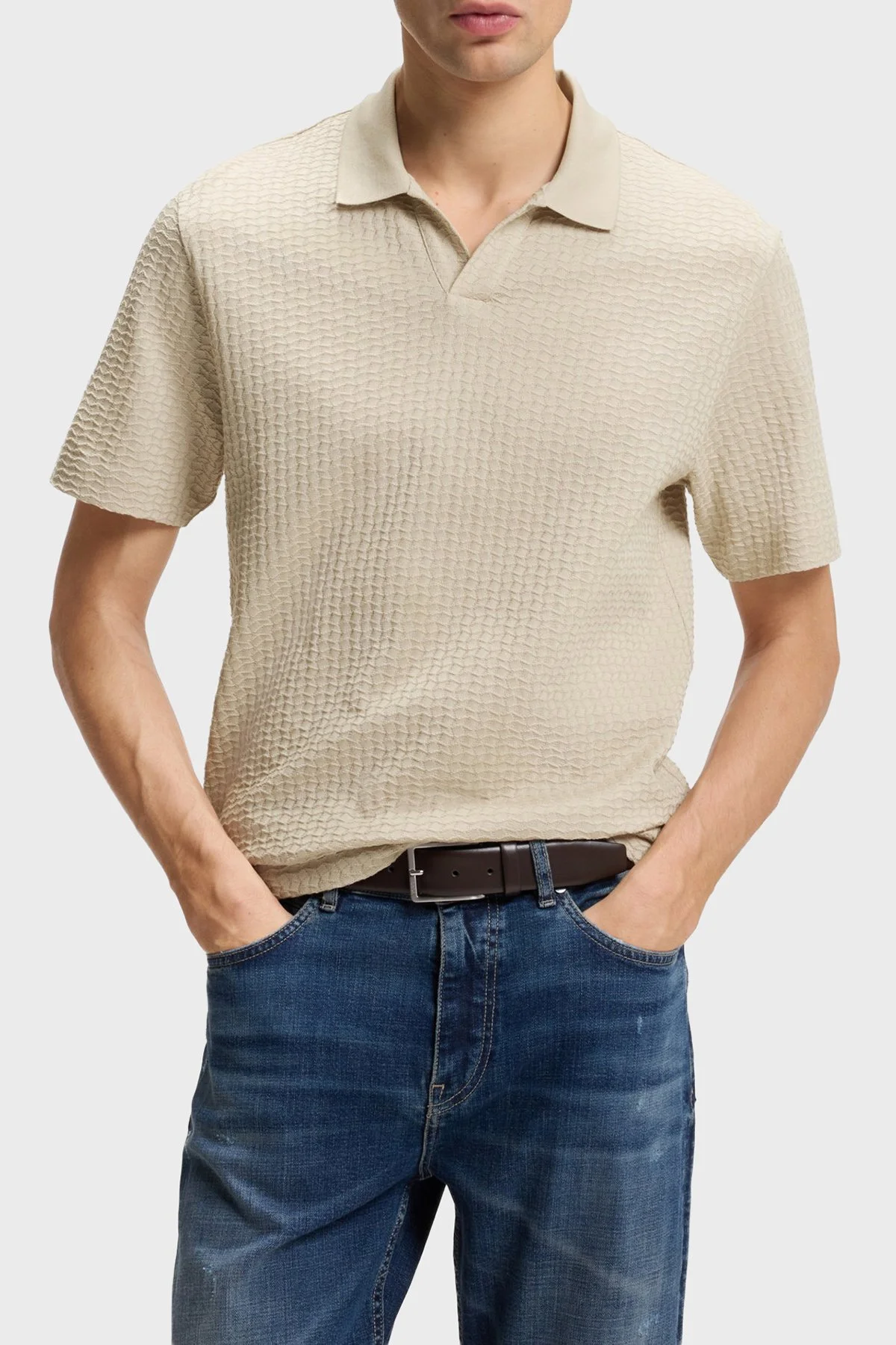 Boss Jakarlı Pamuklu Regular Fit Kısa Kollu V Yaka Erkek Polo 50561203 286 BEJ - 1