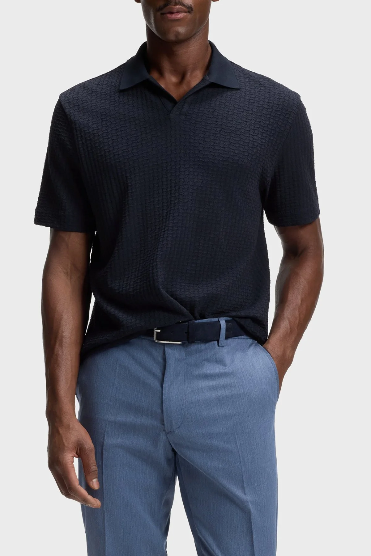 Boss Jakarlı Pamuklu Regular Fit Kısa Kollu V Yaka Erkek Polo 50561203 404 LACİVERT - 1