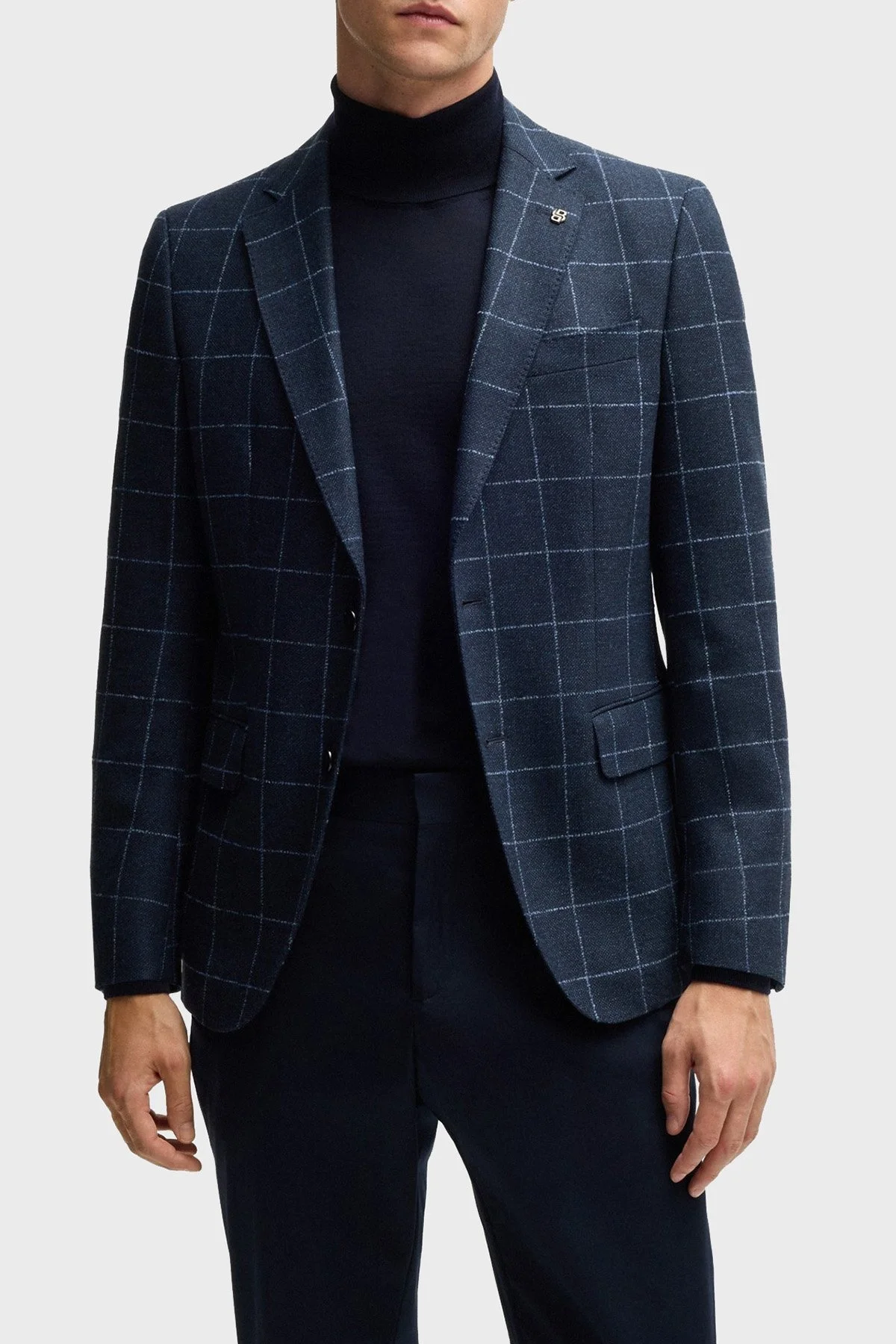 Boss Kareli Yünlü Slim Fit Çift Yırtmaçlı Blazer Erkek Ceket 50527998 404 LACİVERT - 1