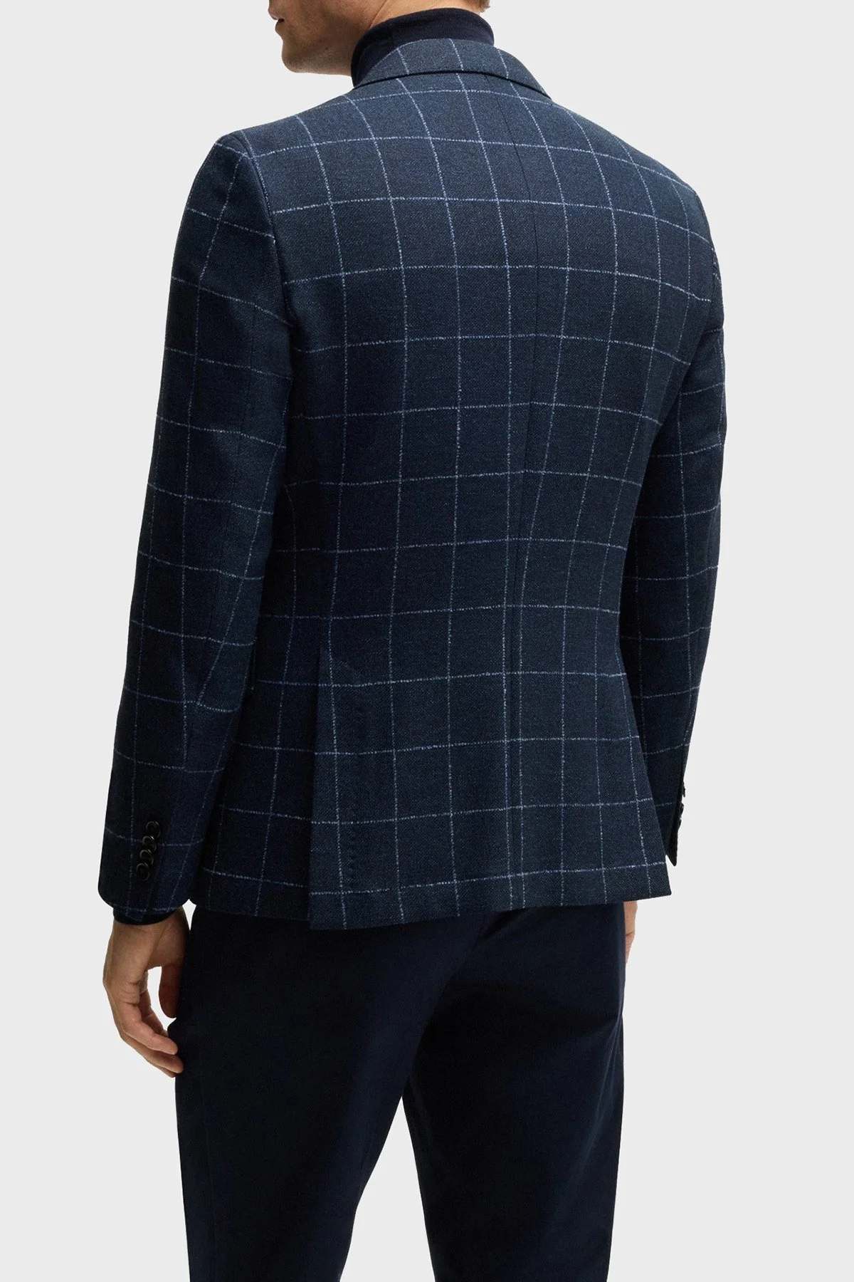 Boss Kareli Yünlü Slim Fit Çift Yırtmaçlı Blazer Erkek Ceket 50527998 404 LACİVERT - 3
