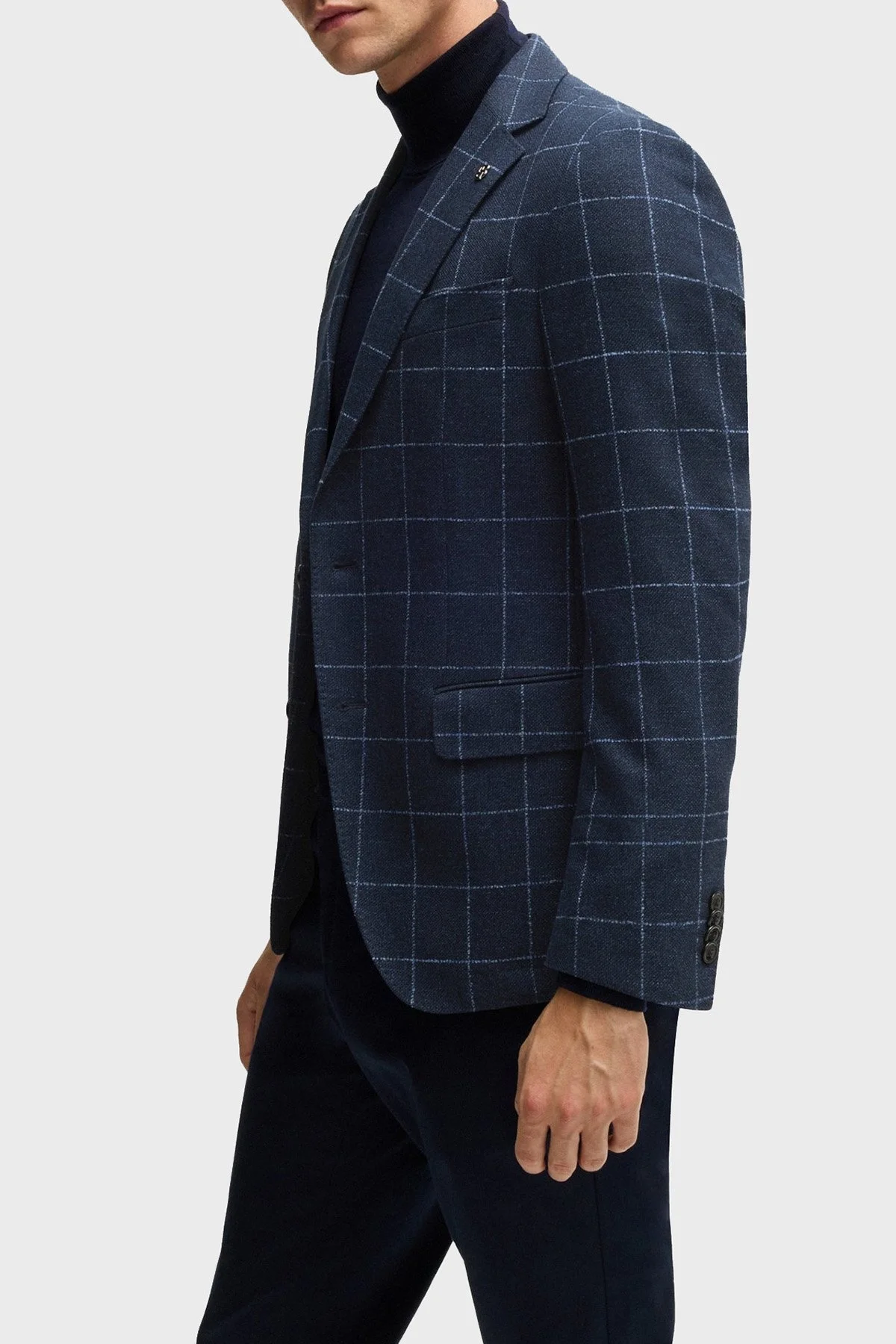 Boss Kareli Yünlü Slim Fit Çift Yırtmaçlı Blazer Erkek Ceket 50527998 404 LACİVERT - 4