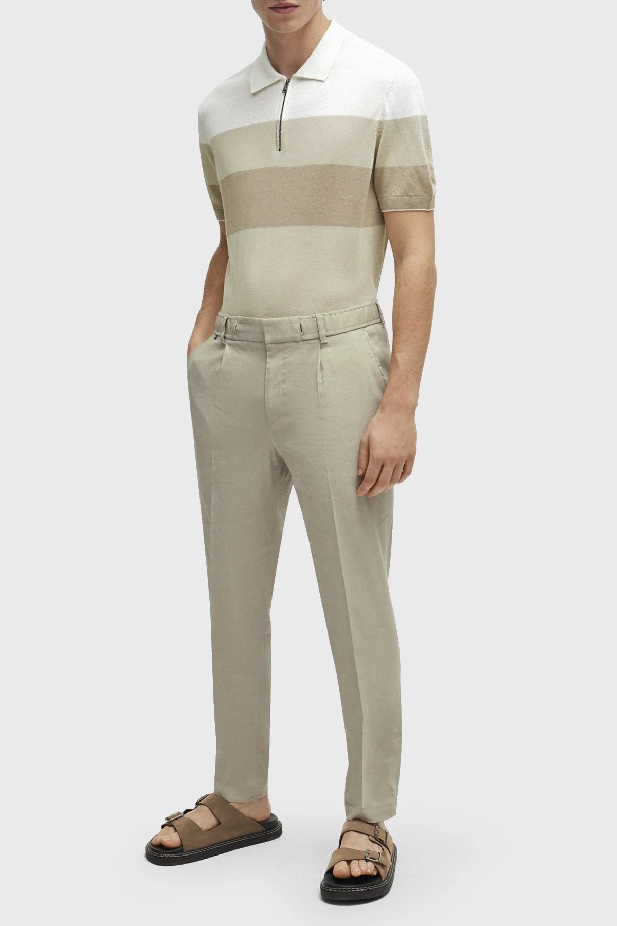 Boss Keten Karışımlı Fermuarlı Polo Yaka Erkek Triko 50511750 271 EKRU - 7