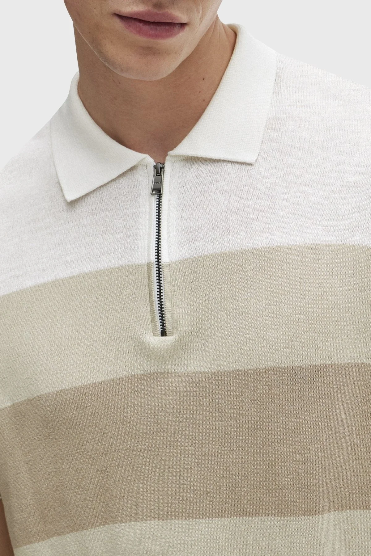 Boss Keten Karışımlı Fermuarlı Polo Yaka Erkek Triko 50511750 271 EKRU - 8