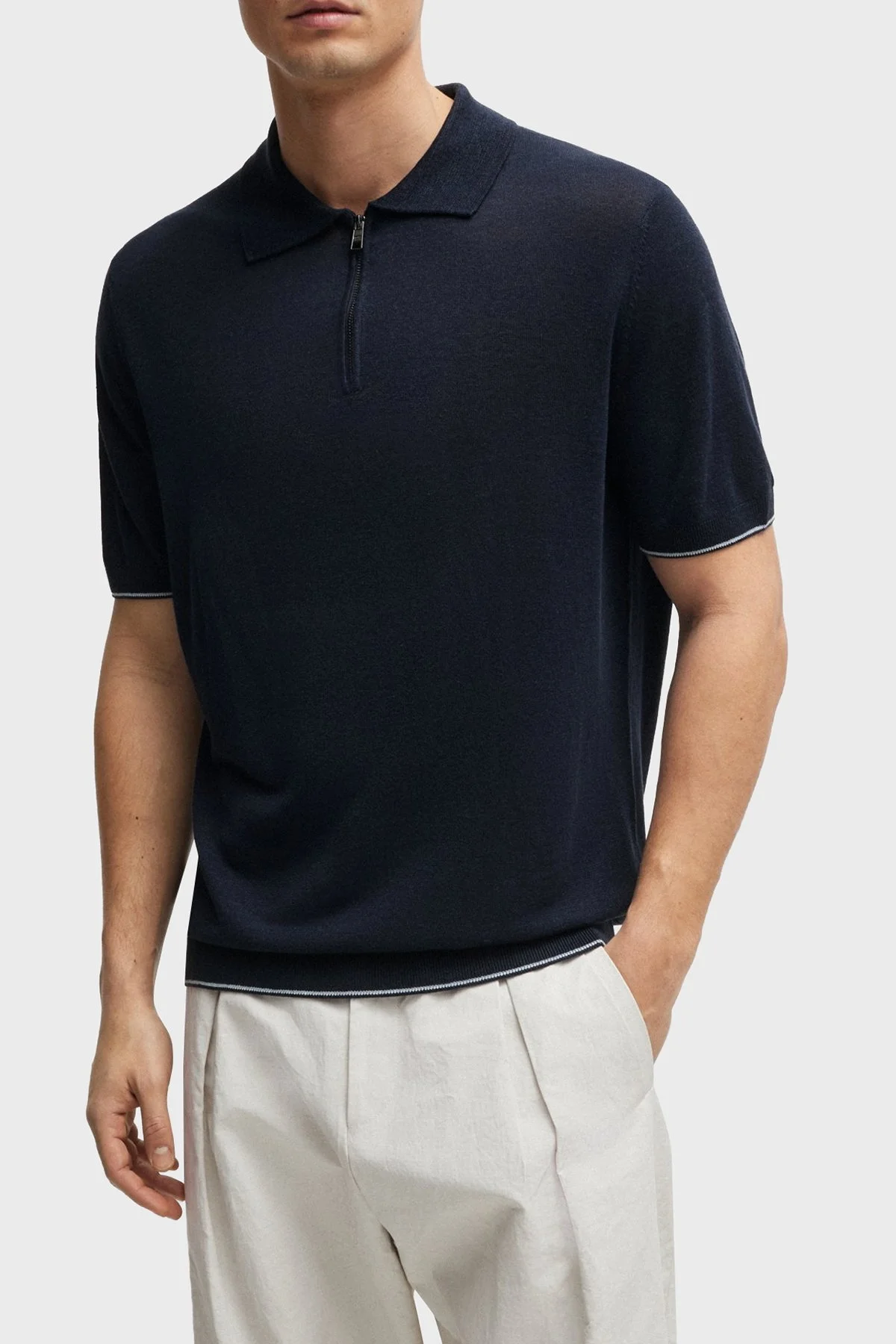 Boss Keten Karışımlı Kısa Kollu Polo Yaka Erkek Triko 50511750 404 LACİVERT - 1