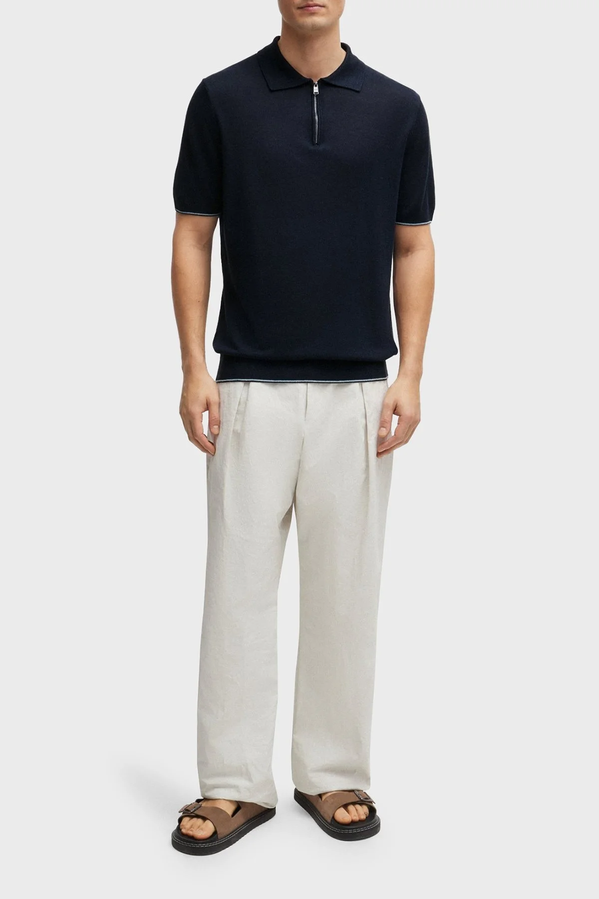 Boss Keten Karışımlı Kısa Kollu Polo Yaka Erkek Triko 50511750 404 LACİVERT - 3