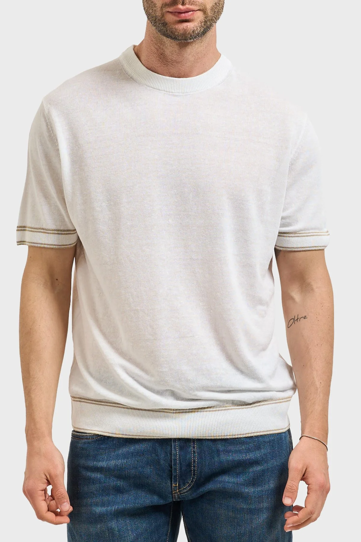 Boss Keten Karışımlı Kontrast Renk Detaylı Bisiklet Yaka Erkek T Shirt 50560491 100 BEYAZ - 1