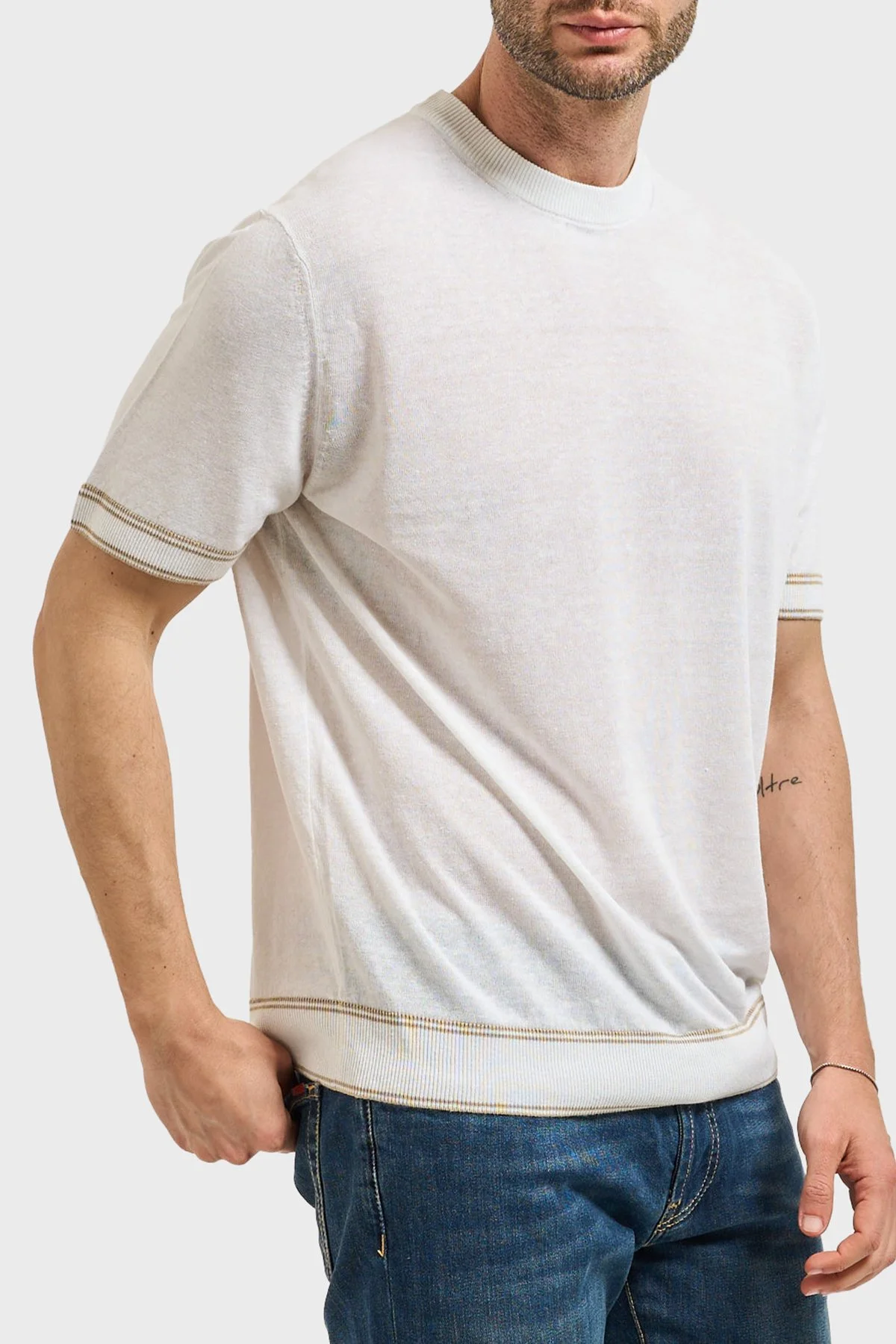 Boss Keten Karışımlı Kontrast Renk Detaylı Bisiklet Yaka Erkek T Shirt 50560491 100 BEYAZ - 3