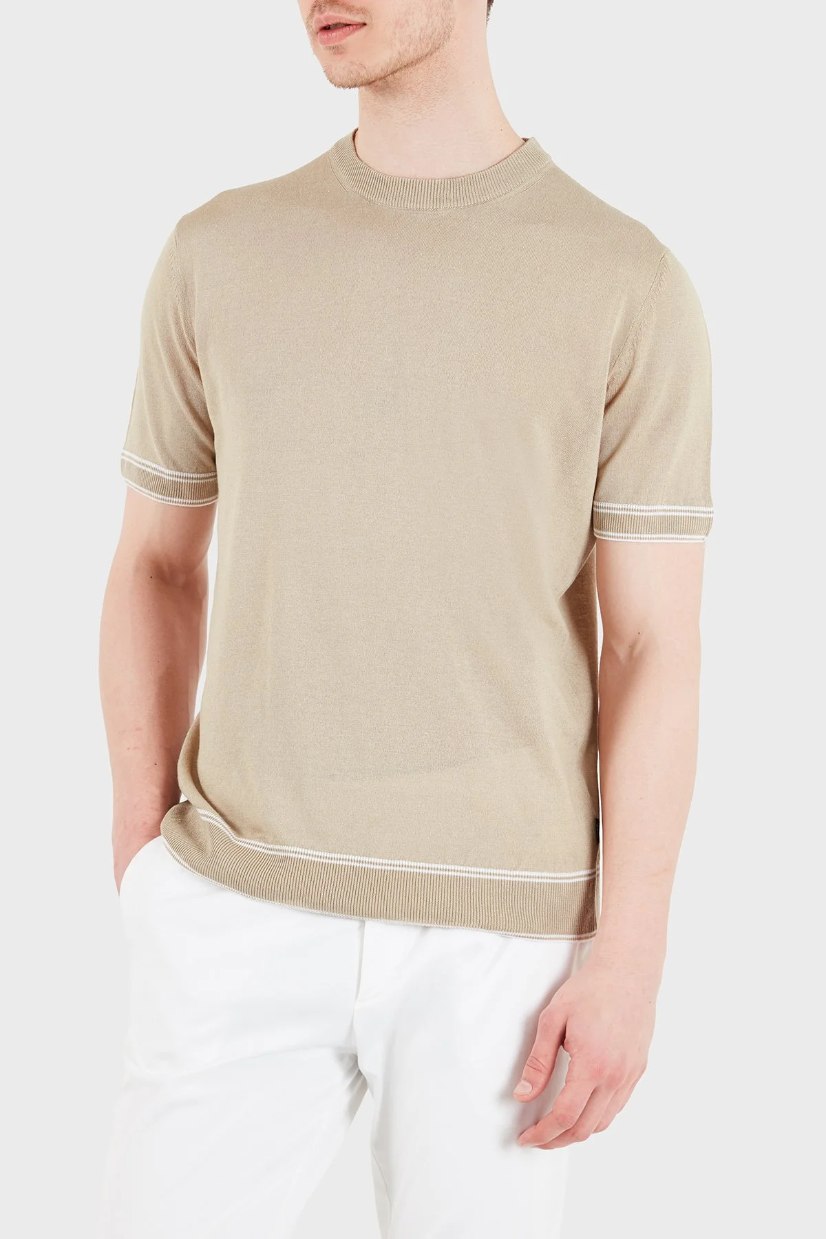 Boss Keten Karışımlı Regular Fit Bisiklet Yaka Erkek T Shirt 50560491 286 BEJ - 4