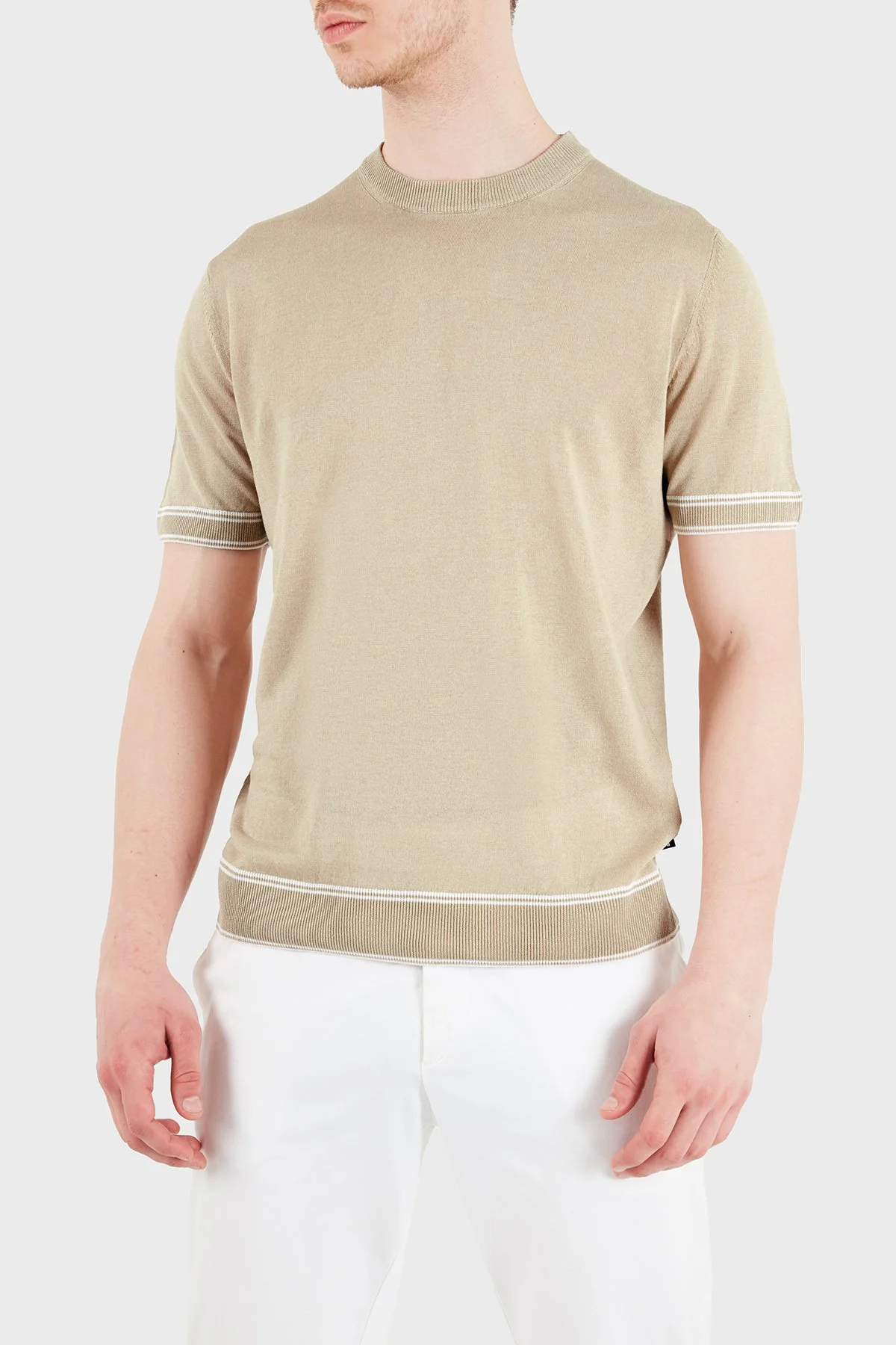 Boss Keten Karışımlı Regular Fit Bisiklet Yaka Erkek T Shirt 50560491 286 BEJ - 1