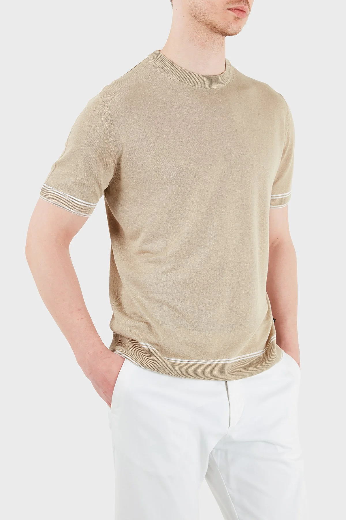 Boss Keten Karışımlı Regular Fit Bisiklet Yaka Erkek T Shirt 50560491 286 BEJ - 5