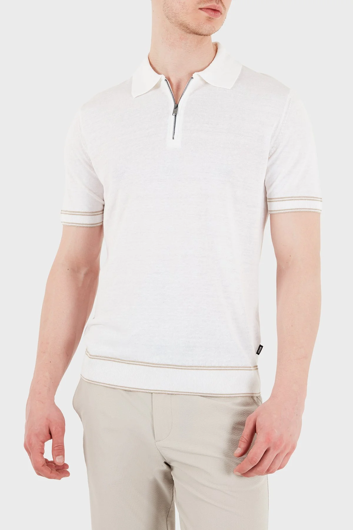 Boss Keten Karışımlı Regular Fit Fermuarlı Erkek Polo 50560474 100 BEYAZ - 1
