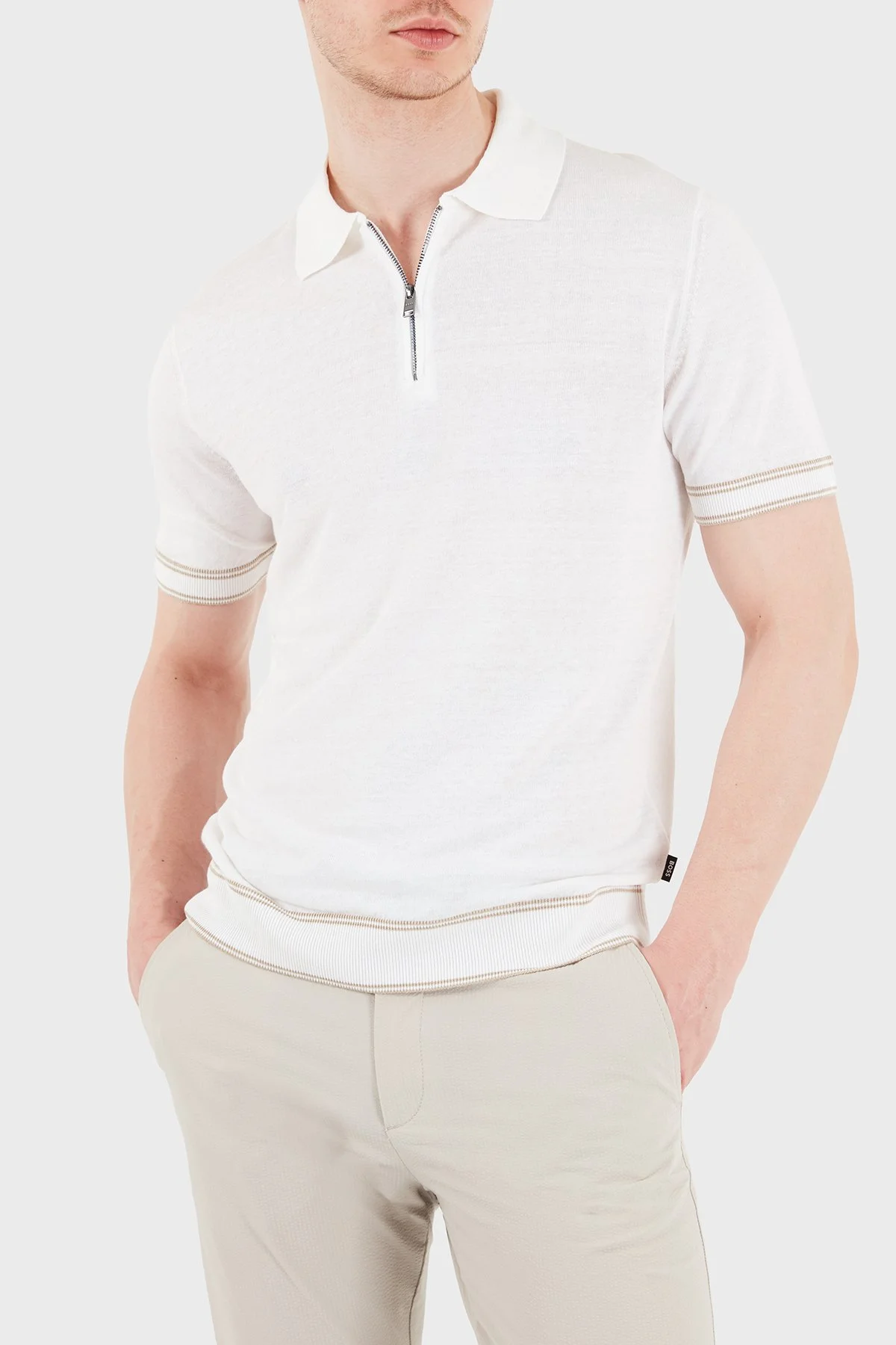 Boss Keten Karışımlı Regular Fit Fermuarlı Erkek Polo 50560474 100 BEYAZ - 4