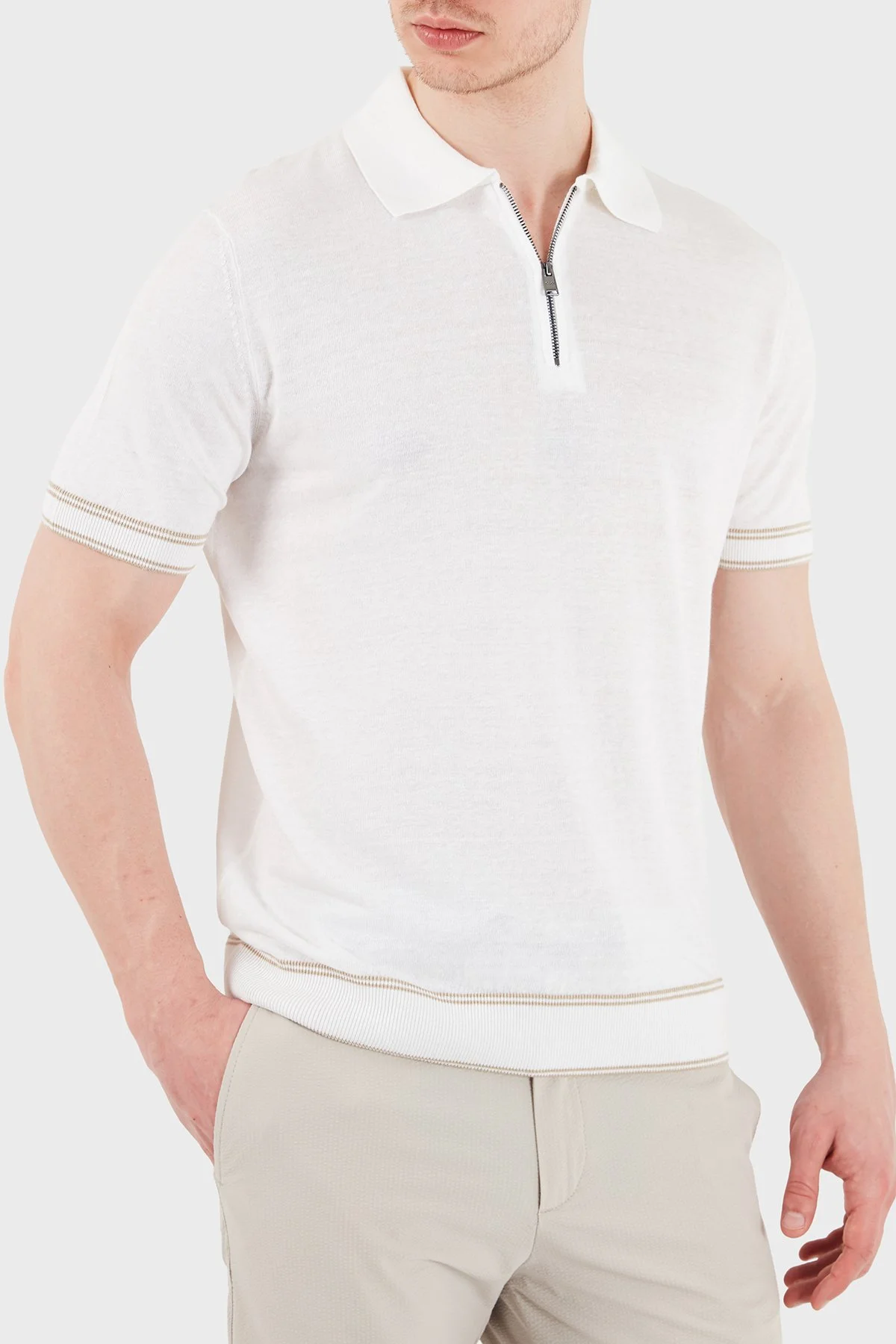 Boss Keten Karışımlı Regular Fit Fermuarlı Erkek Polo 50560474 100 BEYAZ - 5
