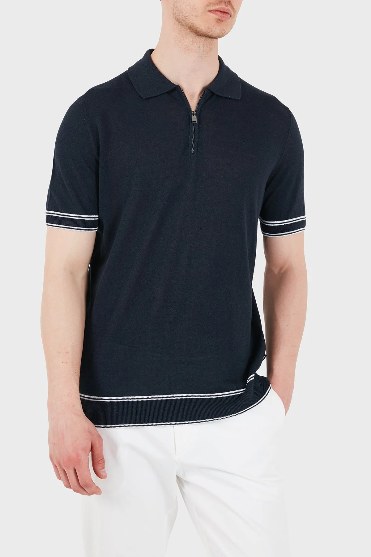 Boss Keten Karışımlı Regular Fit Fermuarlı Erkek Polo 50560474 404 LACİVERT - 4