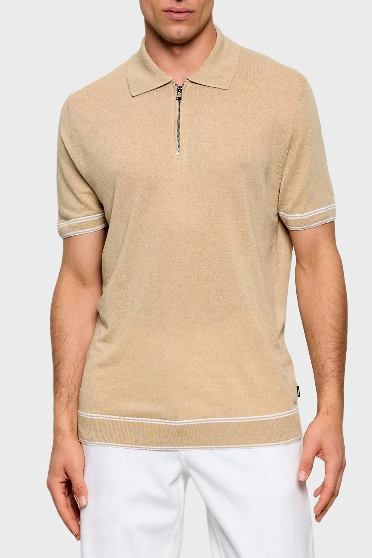 Boss Keten Karışımlı Regular Fit Yarım Fermuarlı Erkek Polo 50560474 286 BEJ - 1