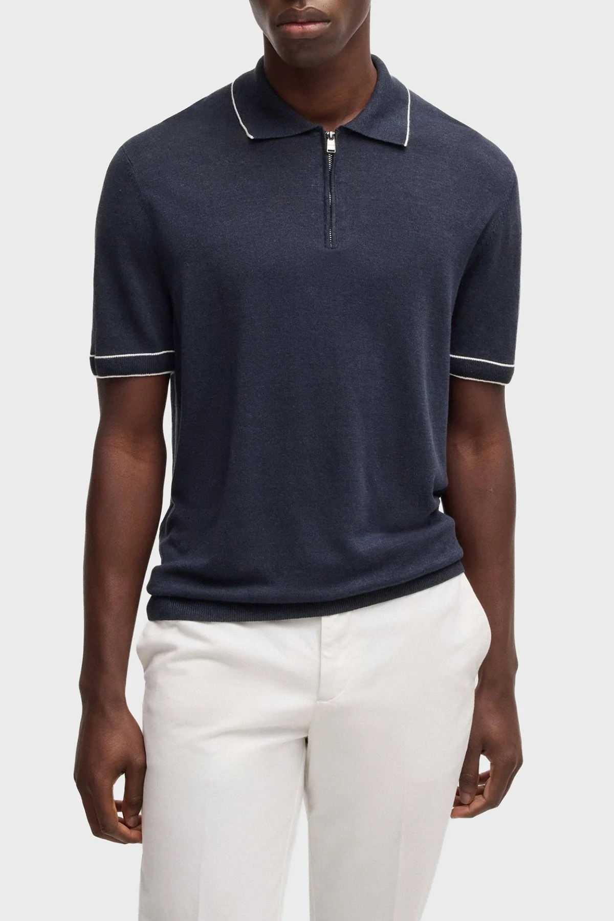 Boss Keten Karışımlı Regular Fit Yarım Fermuarlı Erkek Polo Yaka T Shirt 50537640 404 LACİVERT - 1