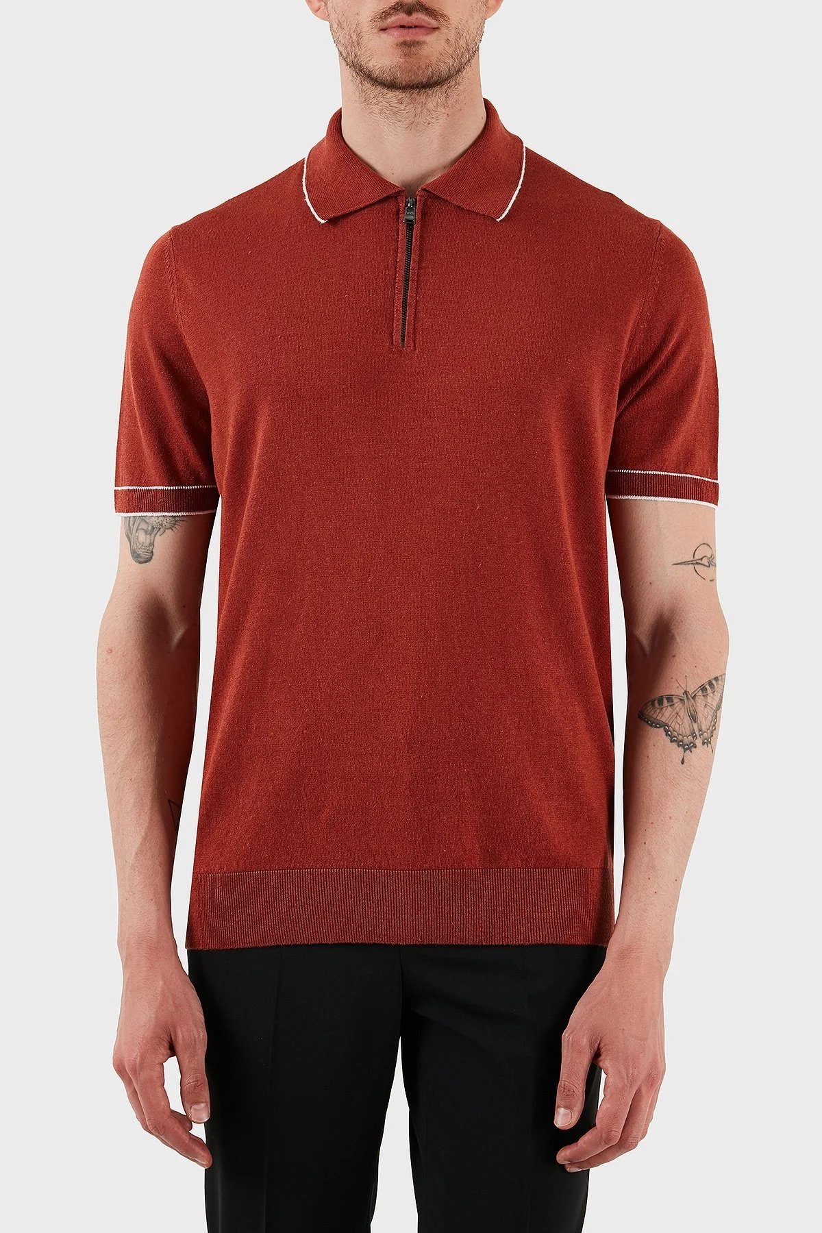 Boss Keten Karışımlı Regular Fit Yarım Fermuarlı Erkek Polo Yaka T Shirt 50537640 806 KİREMİT - 1