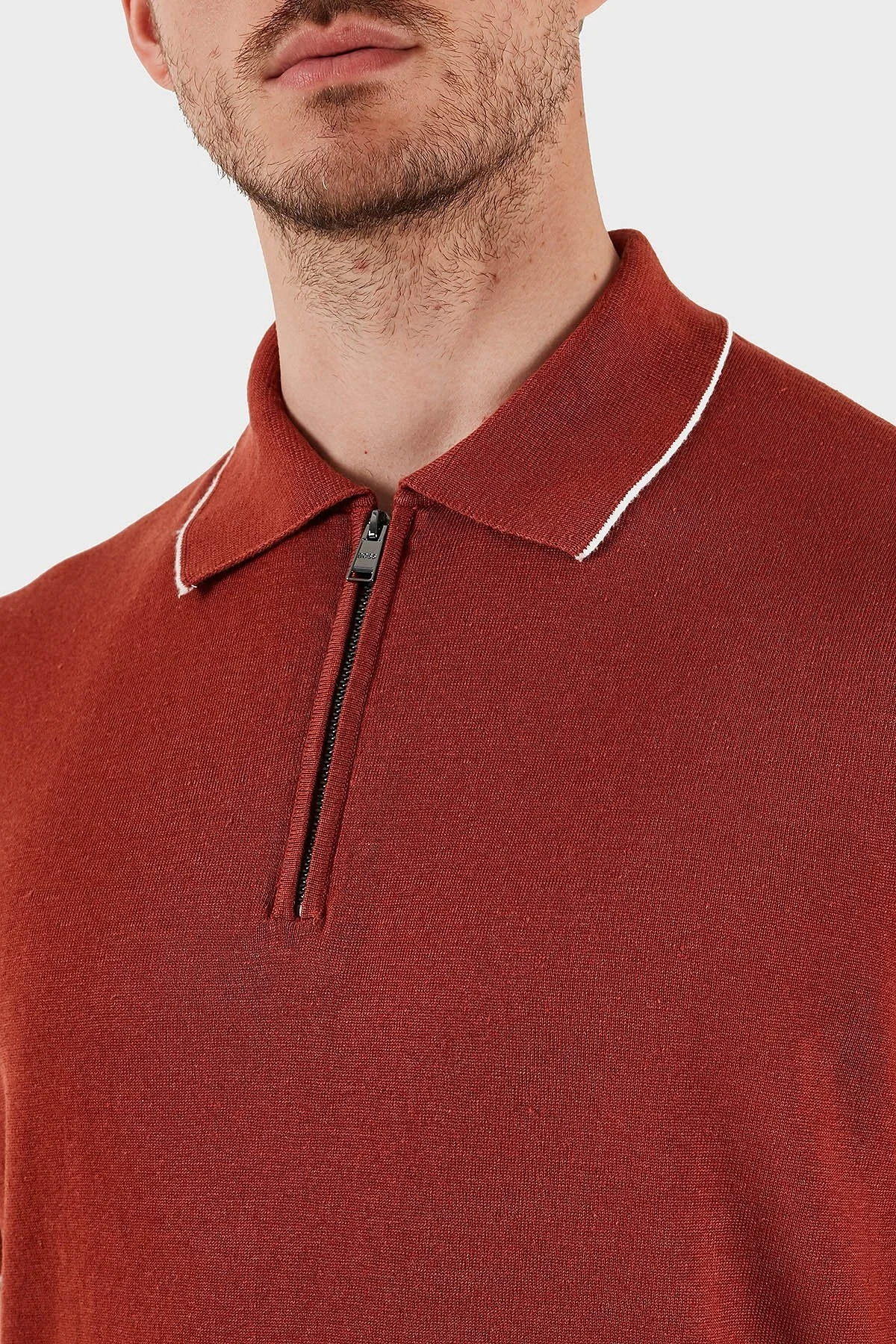 Boss Keten Karışımlı Regular Fit Yarım Fermuarlı Erkek Polo Yaka T Shirt 50537640 806 KİREMİT - 5