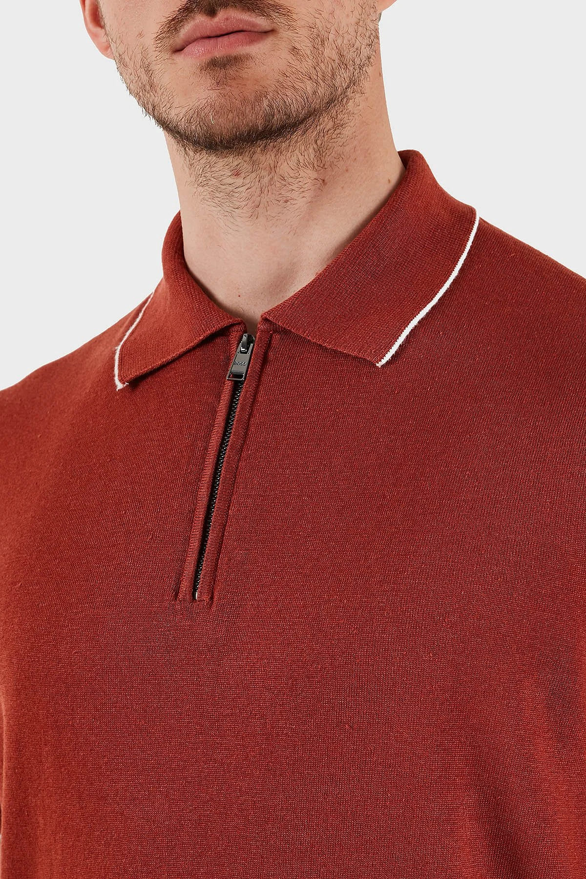 Boss Keten Karışımlı Regular Fit Yarım Fermuarlı Erkek Polo Yaka T Shirt 50537640 806 KİREMİT - 5