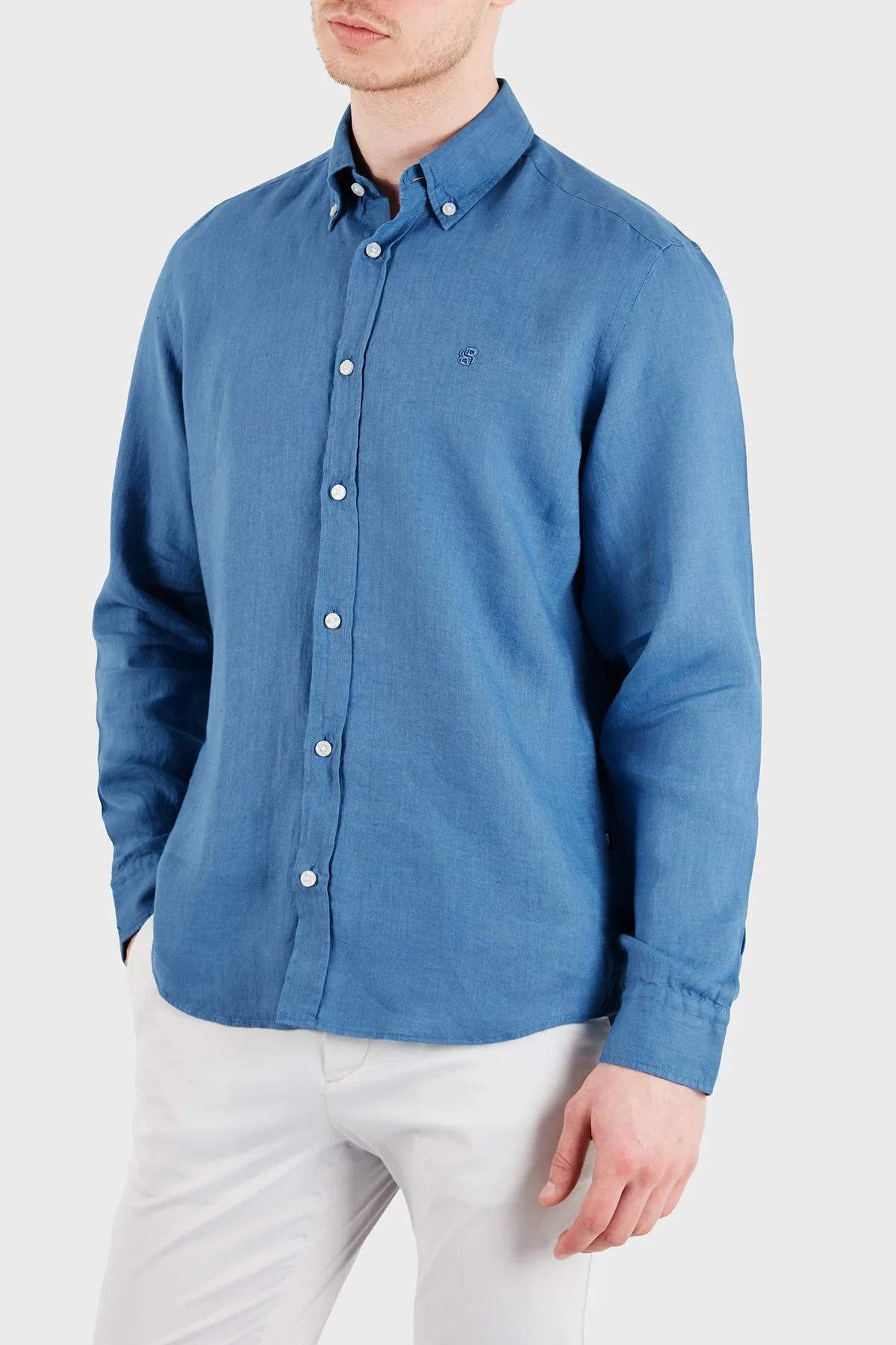 Boss Keten Regular Fit Klasik Yaka Uzun Kollu Erkek Gömlek 50556077 459 MAVİ - 5
