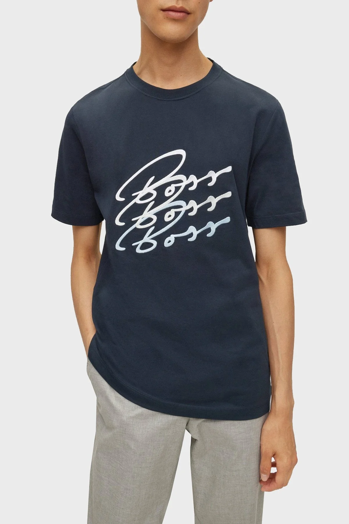 Boss Logo Baskılı Pamuklu Bisiklet Yaka Slim Fit Jarse Erkek T Shirt 50473068 404 LACİVERT - 1